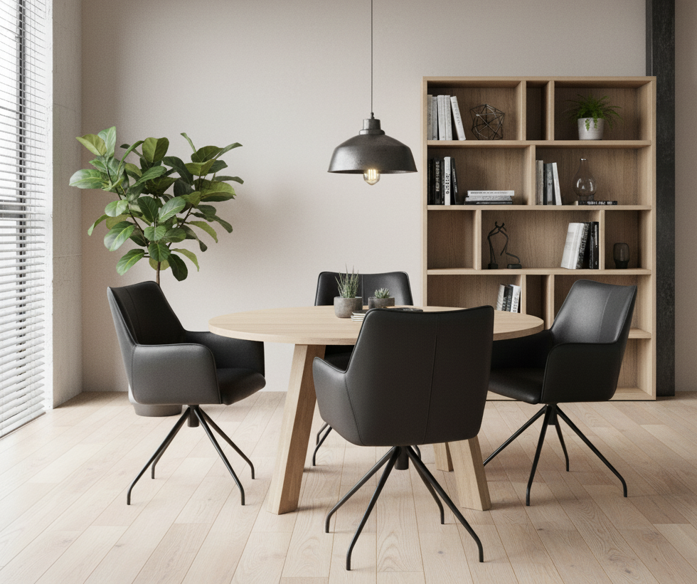 afbeelding van Set van 4 leren eetkamerstoel Wave - Granada Black