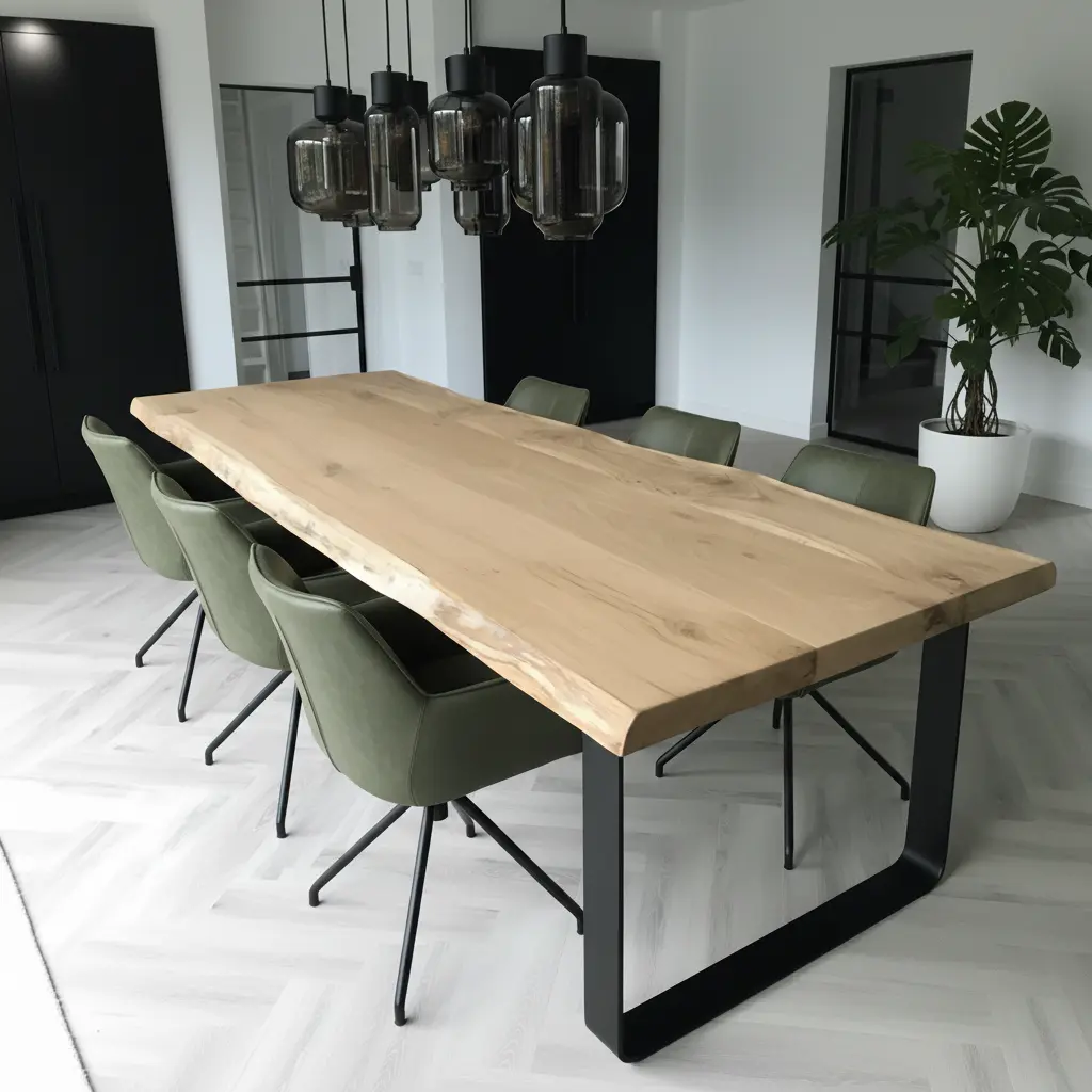 afbeelding van Set van 6 leren eetkamerstoel Wave - Granada Moss