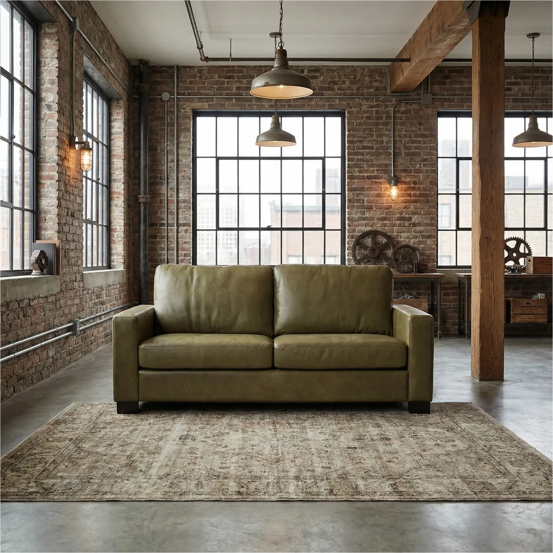 afbeelding van Leren bank Energy - 2,5 zits - Kenia Olive (olijf) - Poten hout bruin