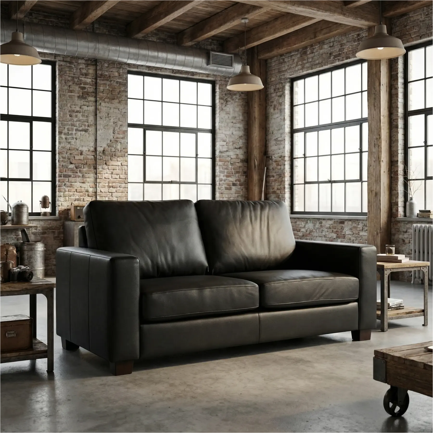 afbeelding van Leren bank Energy - 2 zits - Hermes Nero (zwart) - Poten hout bruin