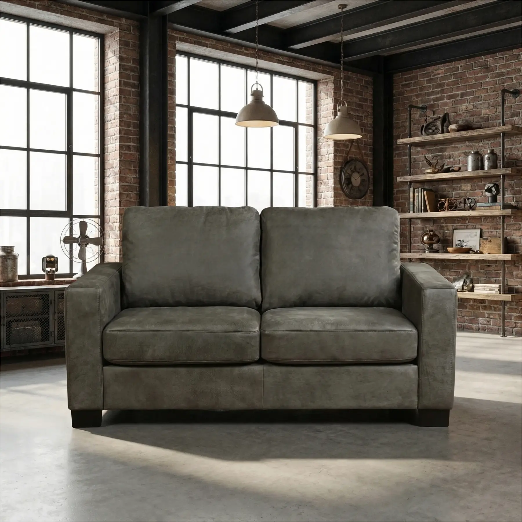 afbeelding van Leren bank Energy - 2 zits - Kenia Antracite (grijs) - Poten hout bruin