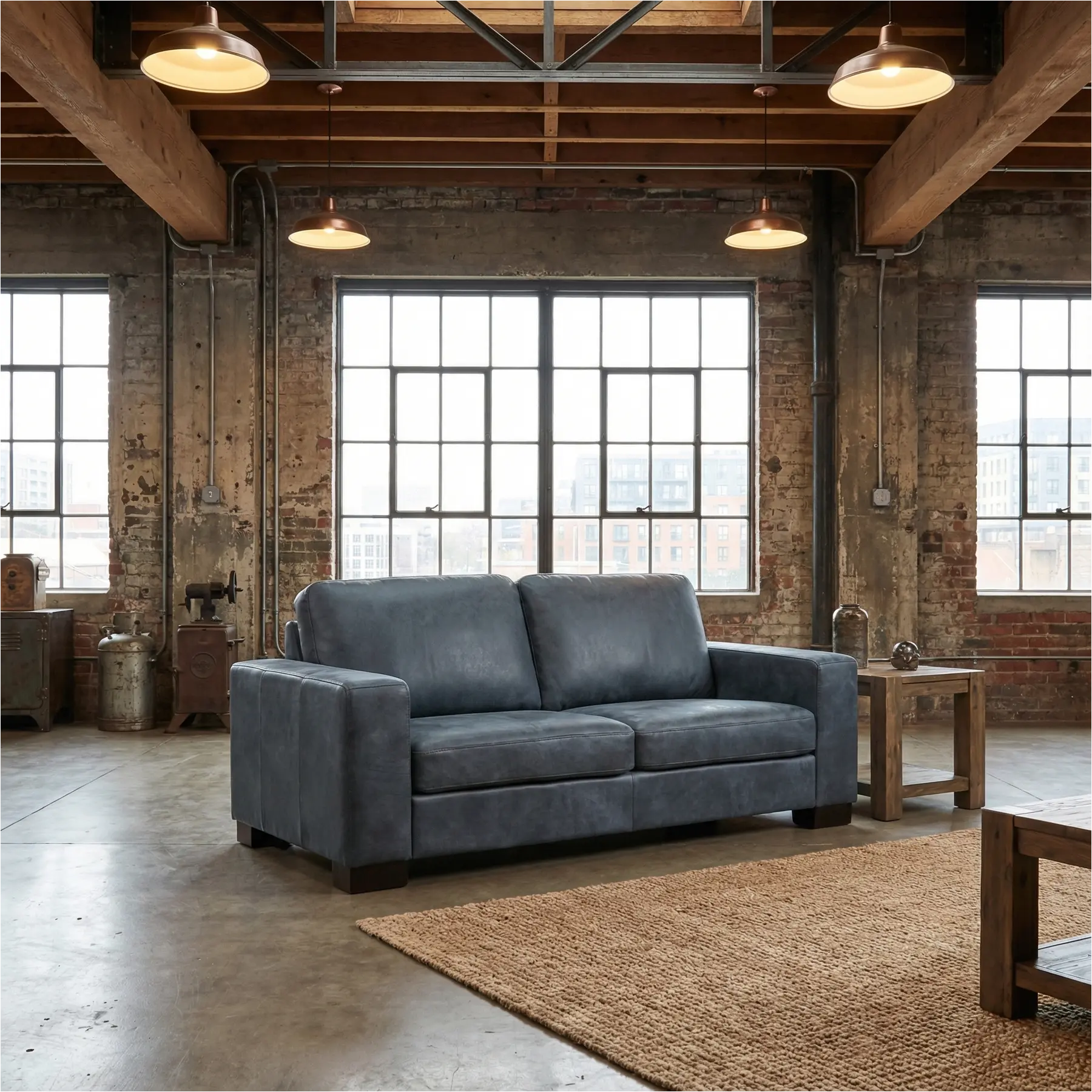 afbeelding van Leren bank Enjoy - 2,5 zits - Kenia Denim (blauw) - Poten hout bruin