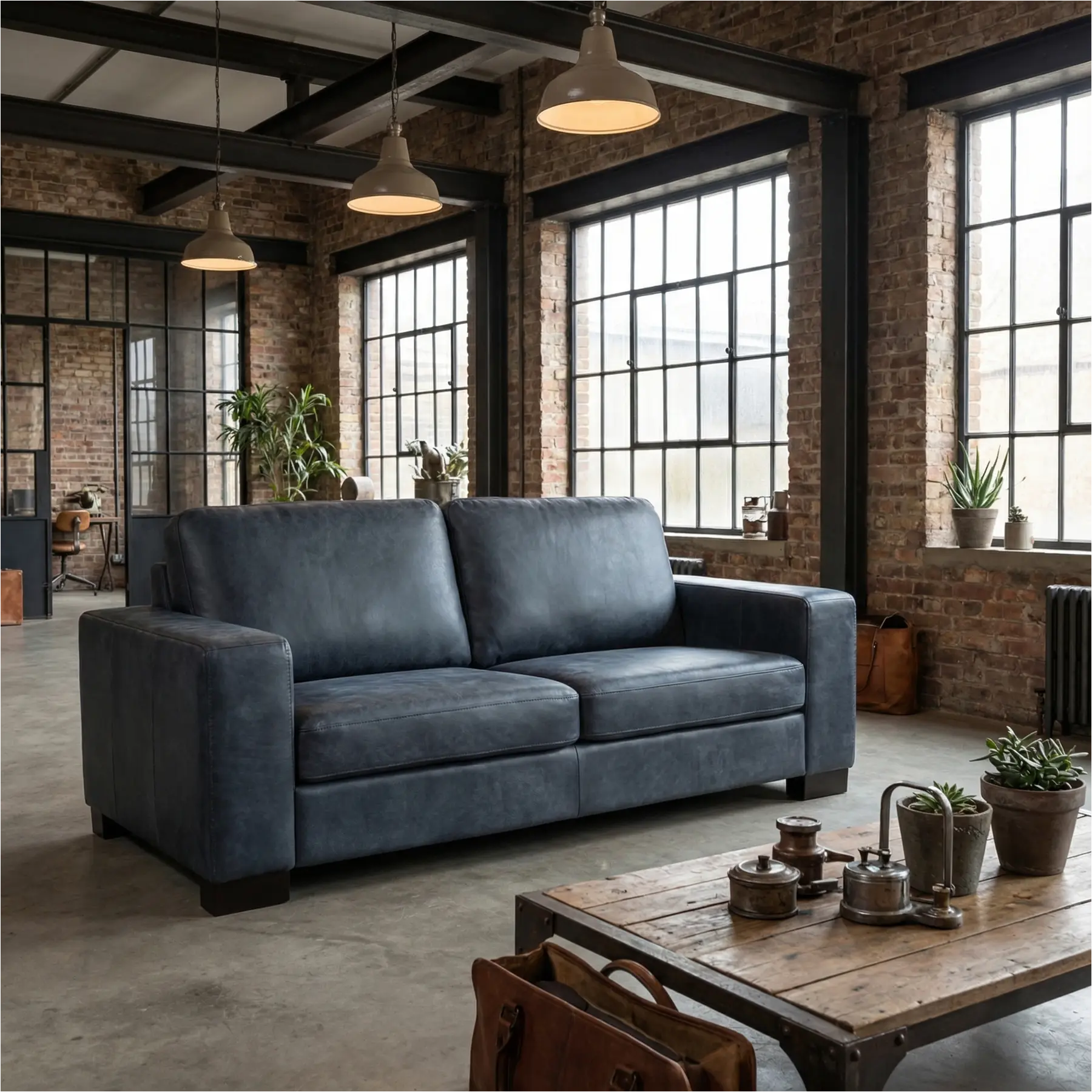 afbeelding van Leren bank Enjoy - 2,5 zits - Kenia Denim (blauw) - Poten hout zwart