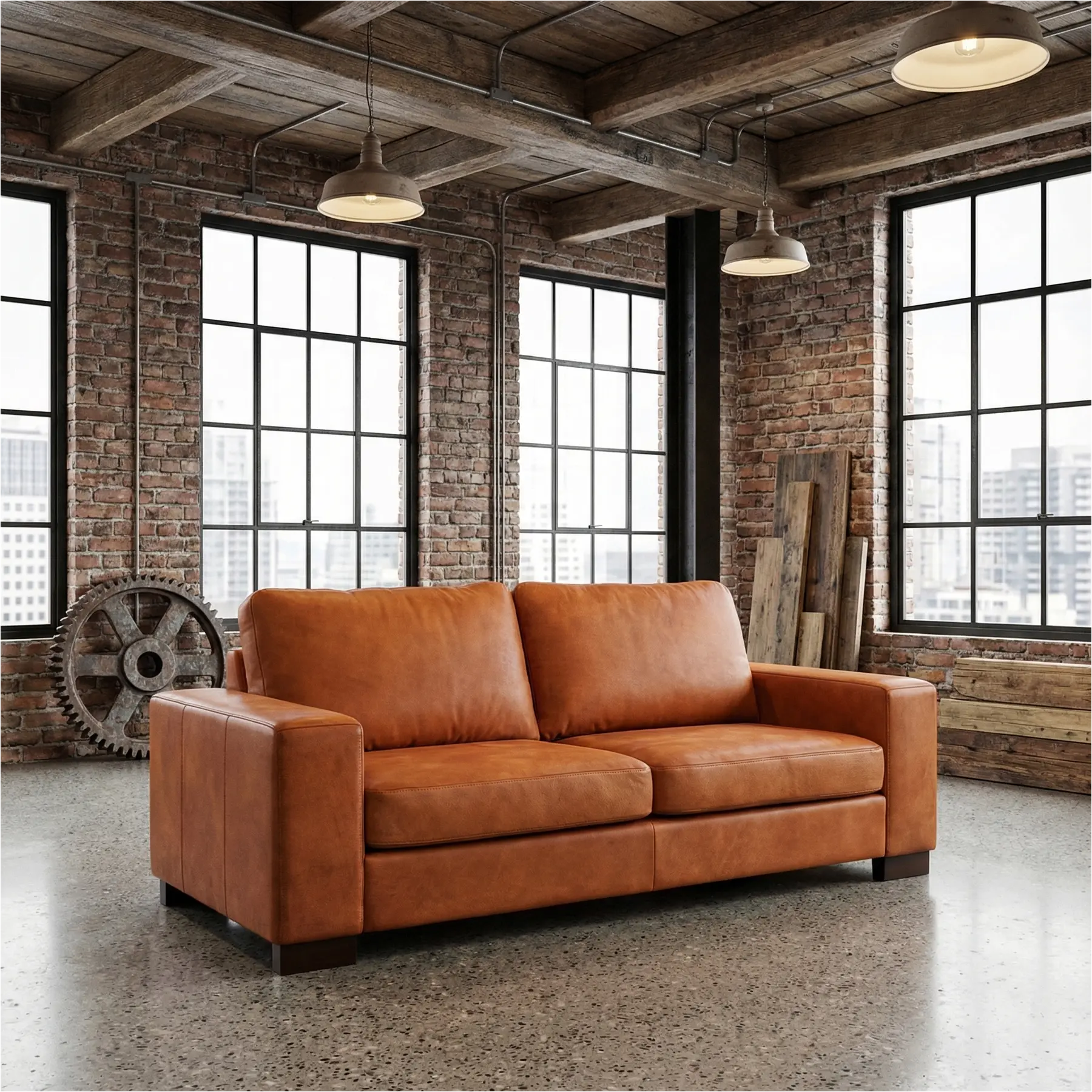 afbeelding van Leren bank Enjoy - 2,5 zits - Kenia Rost (oranje) - Poten hout bruin