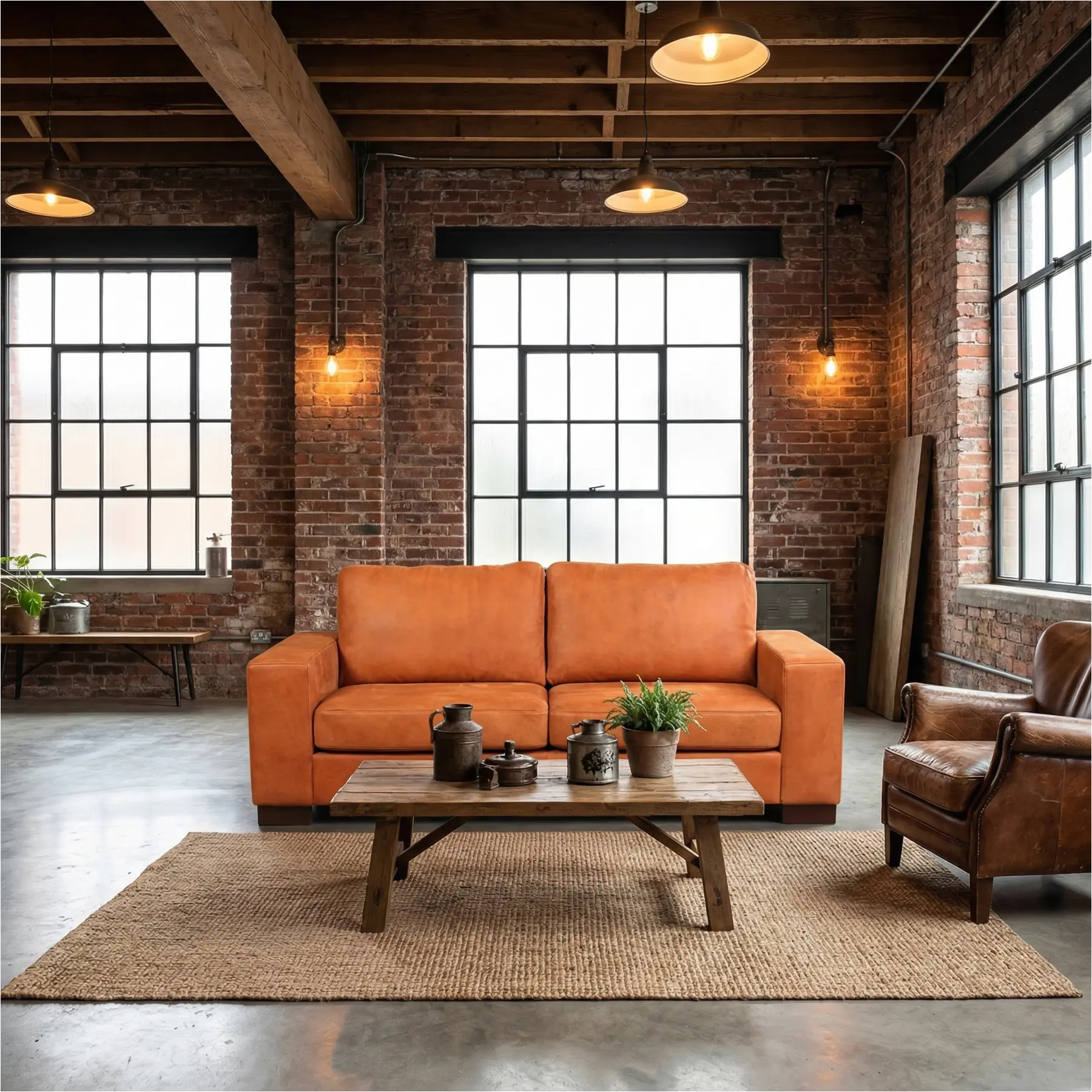 afbeelding van Leren bank Enjoy - 2,5 zits - Kenia Rost (oranje) - Poten hout zwart