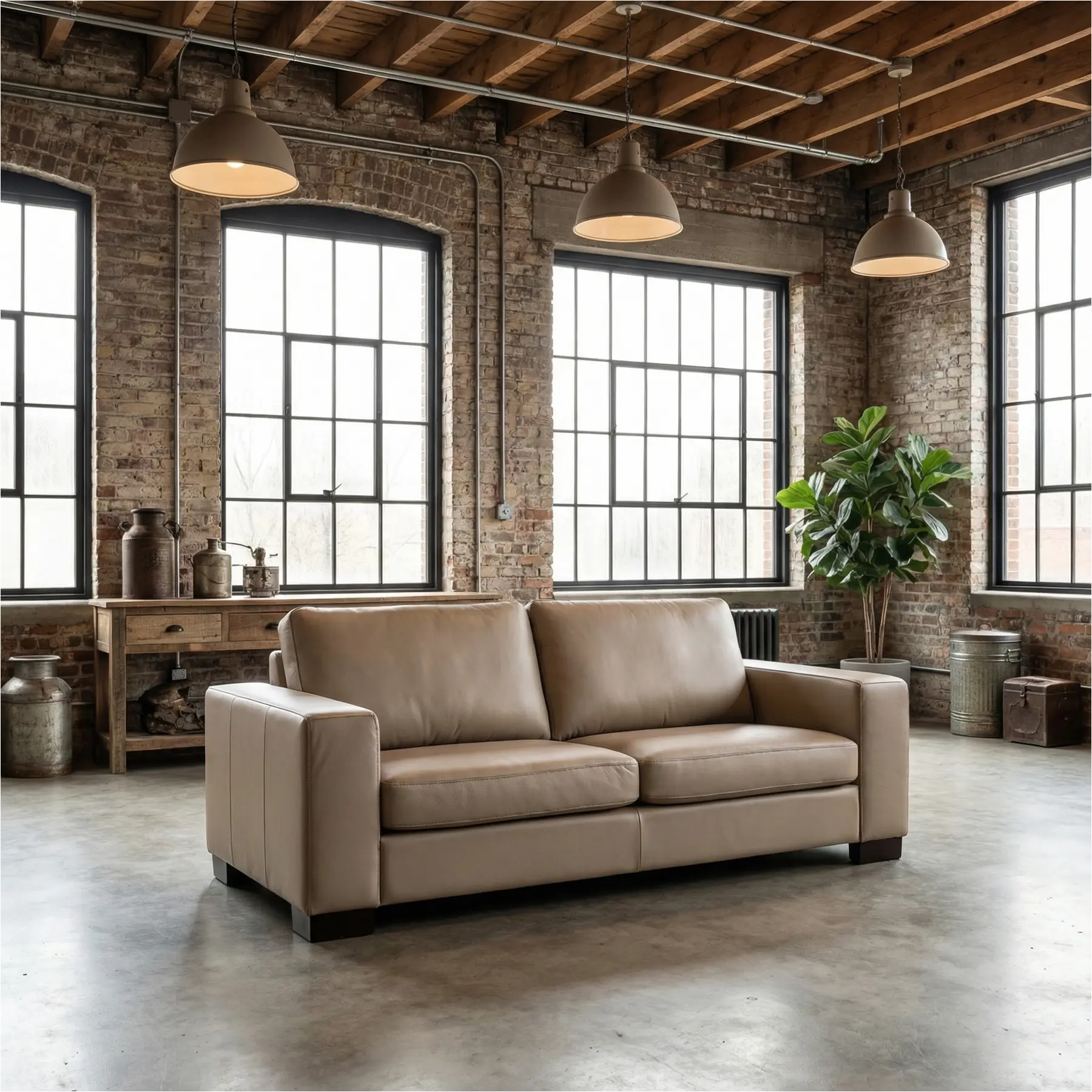 afbeelding van Leren bank Enjoy - 2,5 zits - Toledo Khaki (taupe/bruin) - Poten hout zwart