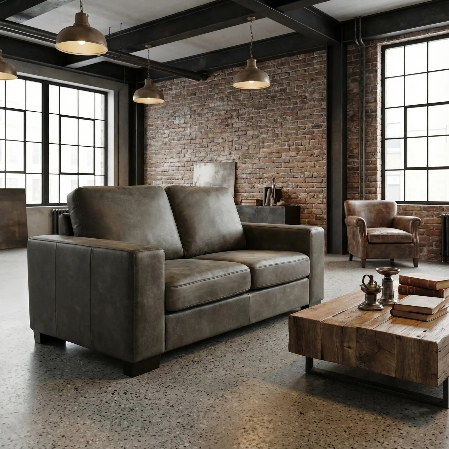 afbeelding van Leren bank Enjoy - 2 zits - Kenia Antracite (grijs) - Poten hout bruin