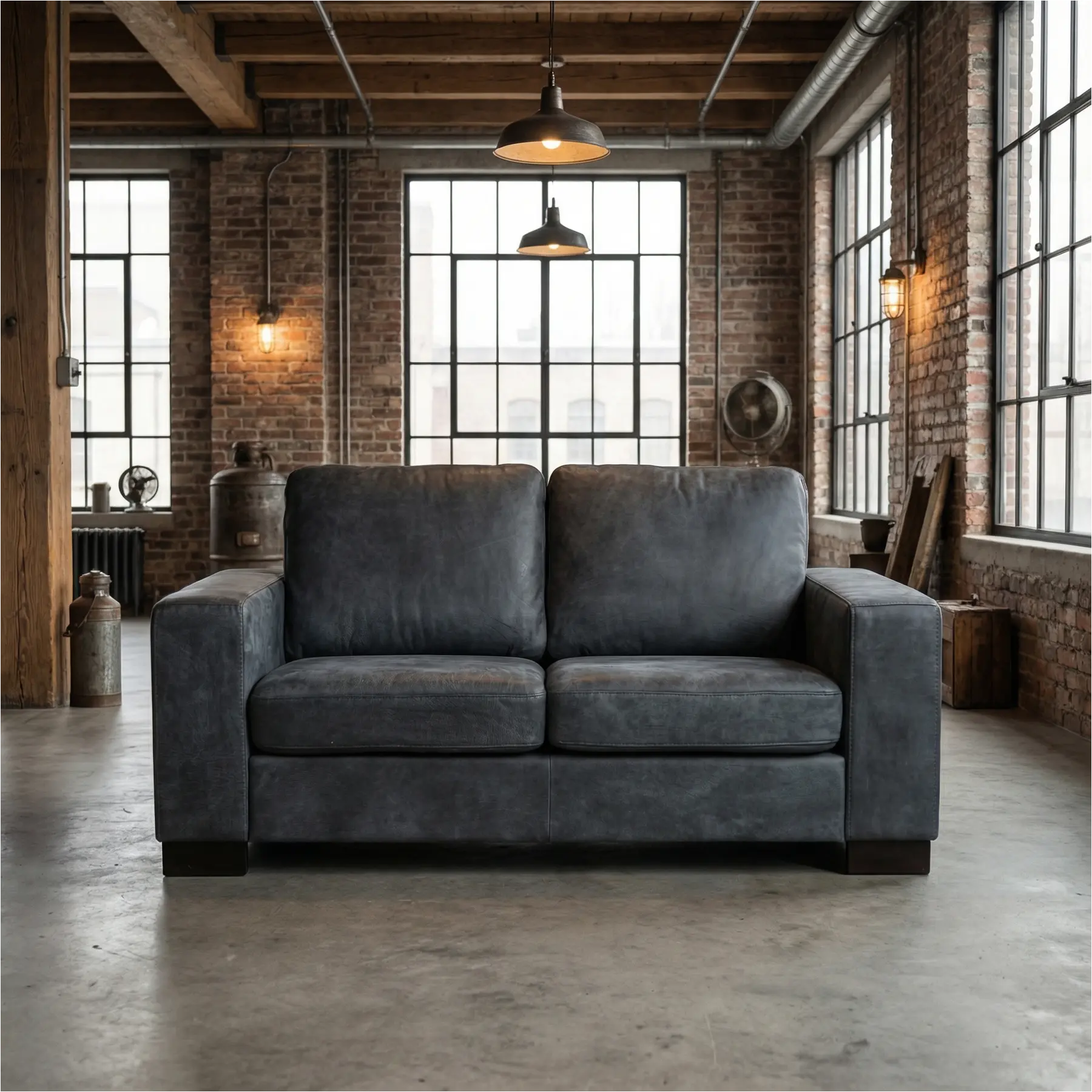 afbeelding van Leren bank Enjoy - 2 zits - Kenia Denim (blauw) - Poten hout bruin