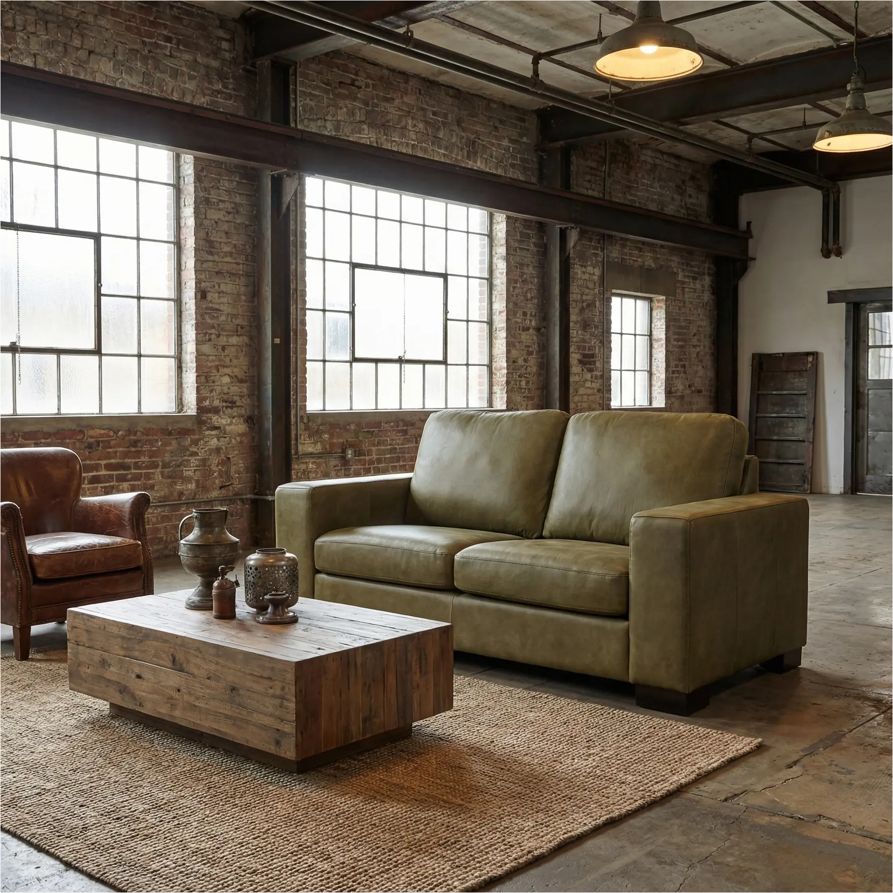 afbeelding van Leren bank Enjoy - 2 zits - Kenia Olive (olijf) - Poten hout bruin