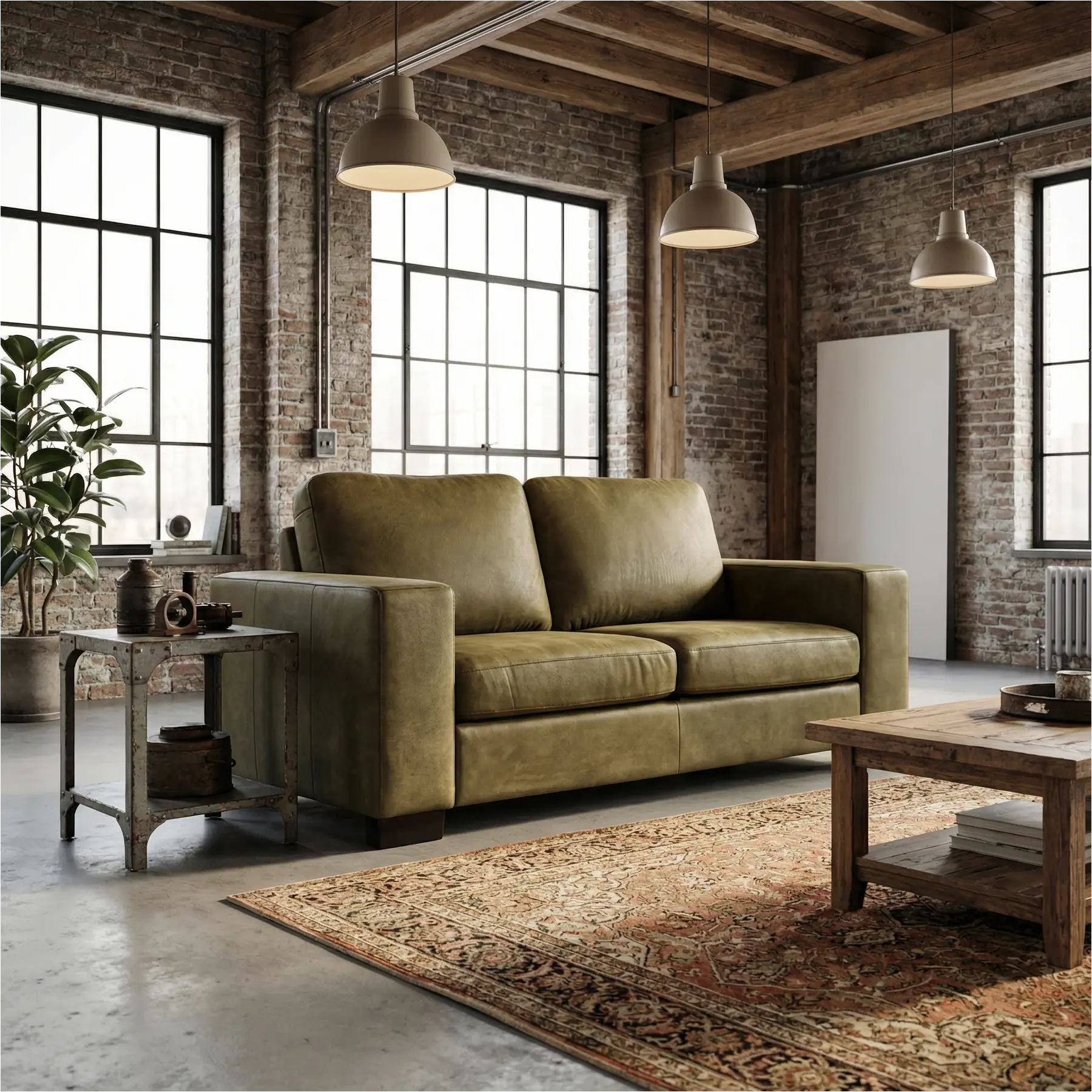 afbeelding van Leren bank Enjoy - 2 zits - Kenia Olive (olijf) - Poten hout zwart