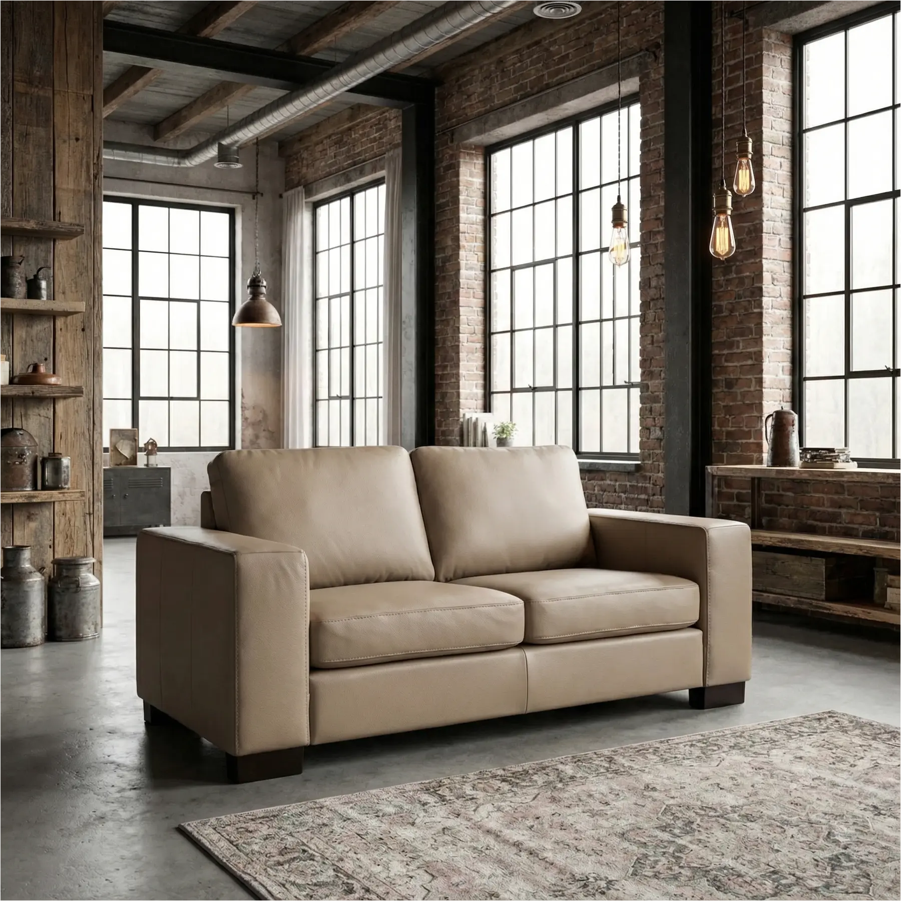 afbeelding van Leren bank Enjoy - 2 zits - Toledo Khaki (taupe/bruin) - Poten hout zwart