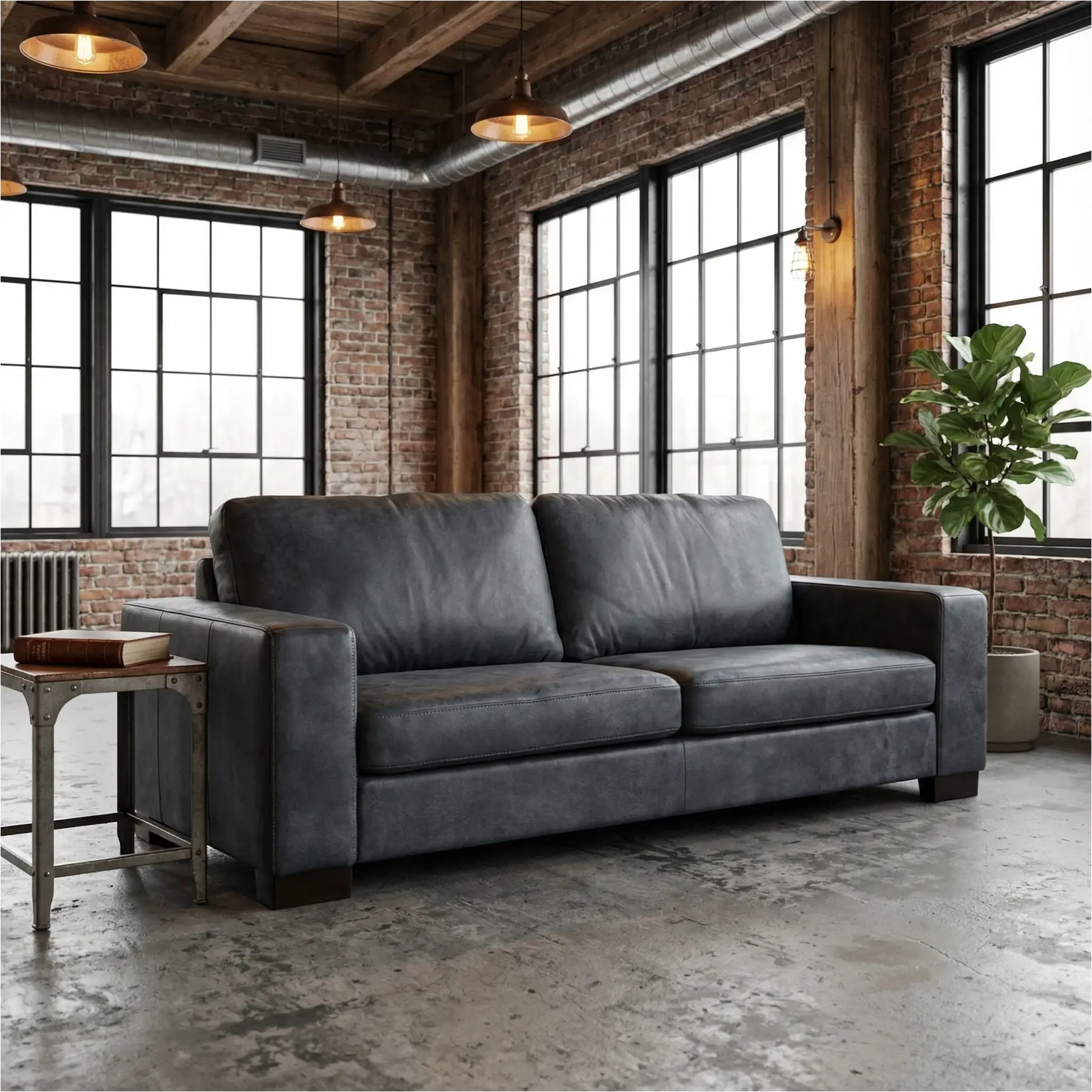 afbeelding van Leren bank Enjoy - 3 zits - Kenia Denim (blauw) - Poten hout bruin