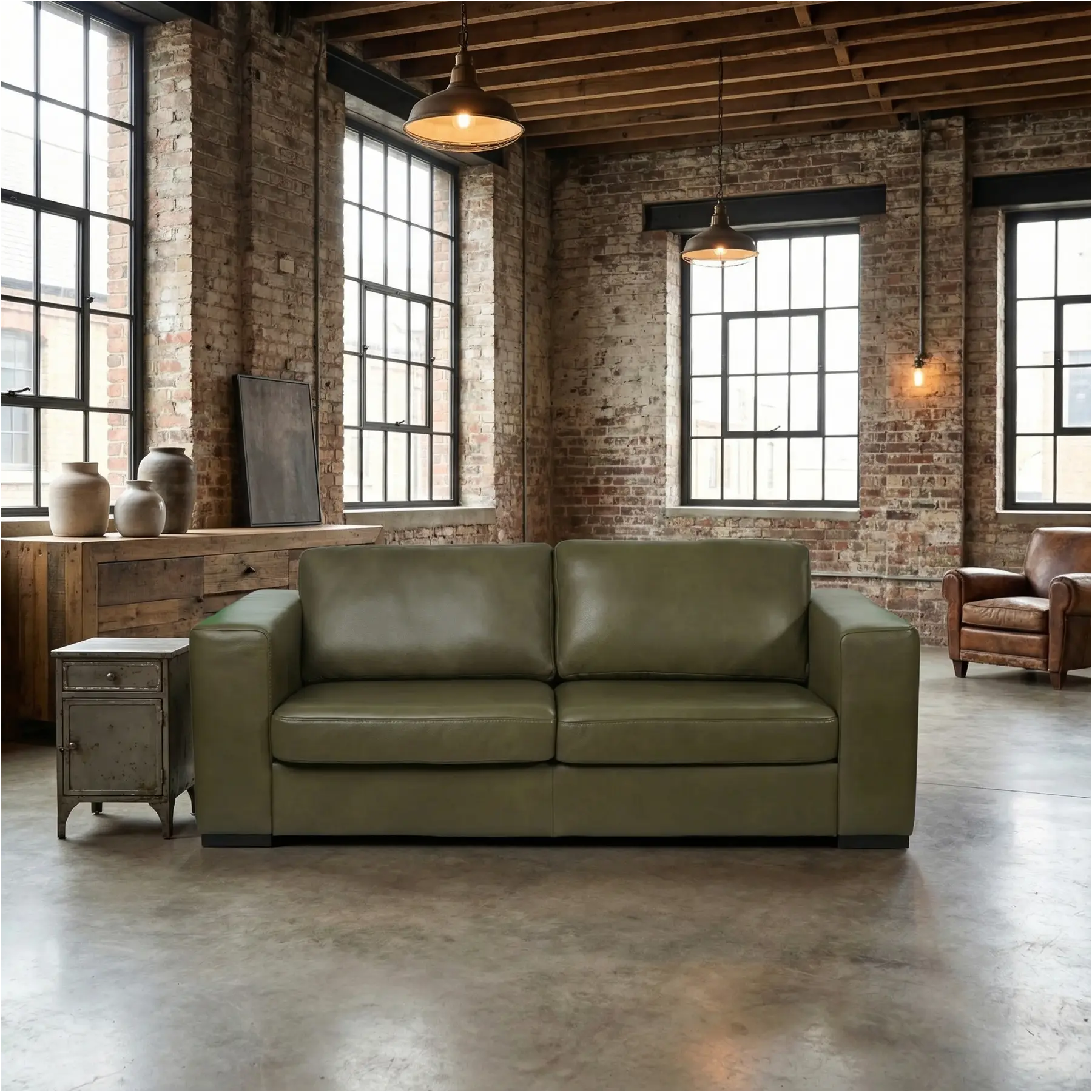 afbeelding van Leren bank Flow - 2,5 zits - Granada Moss (olijf/groen) - Poten hout zwart