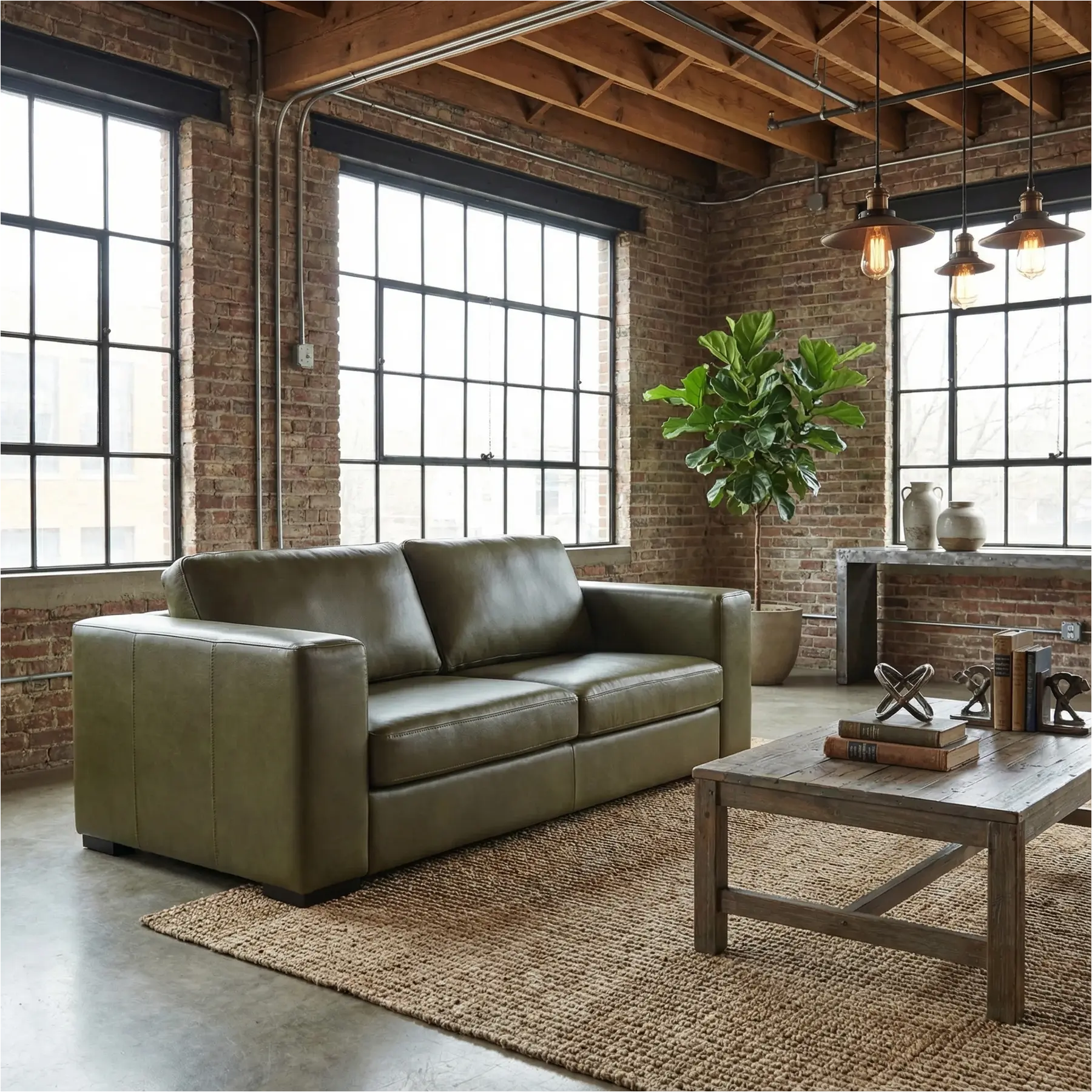 afbeelding van Leren bank Flow - 2 zits - Granada Moss (olijf/groen) - Poten hout zwart