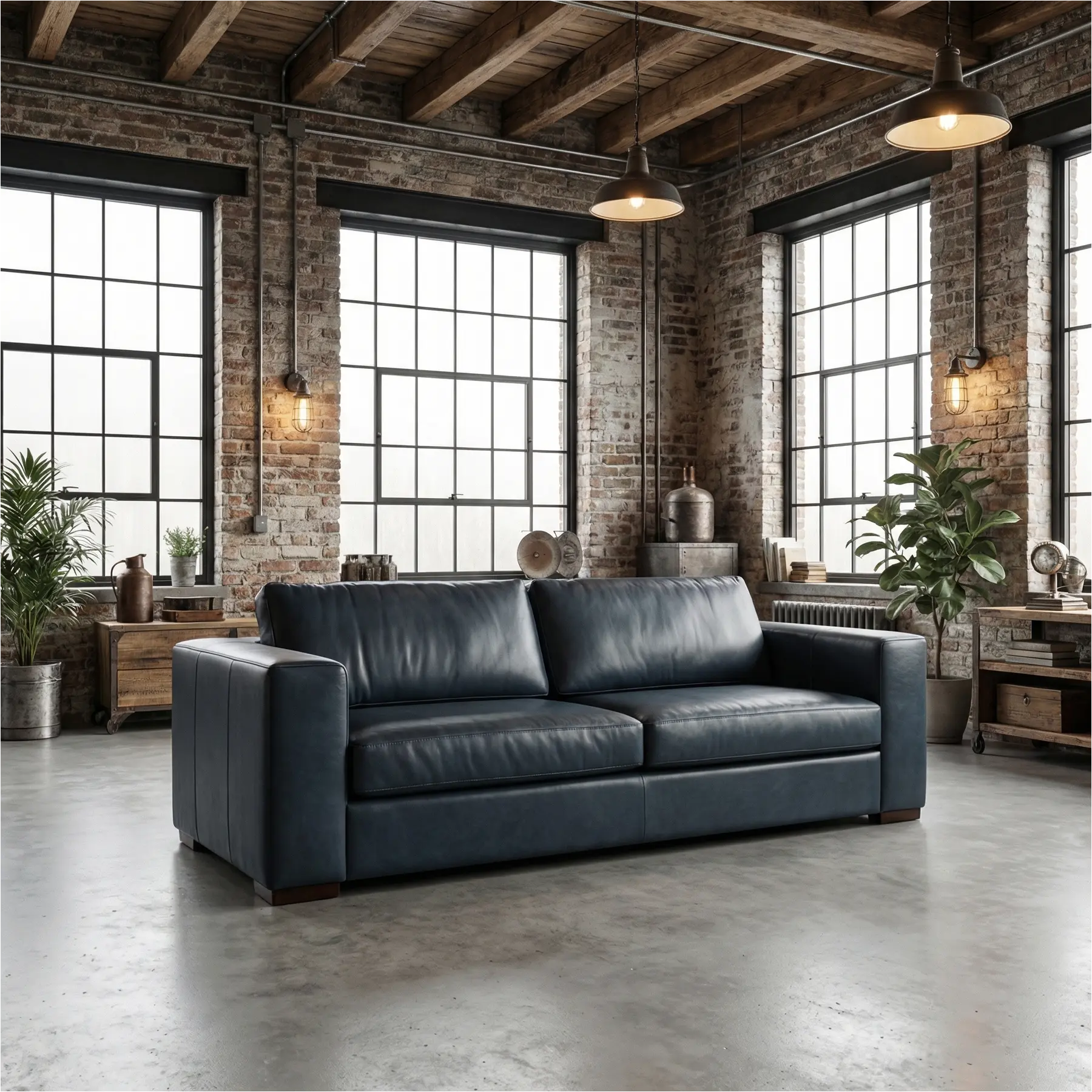 afbeelding van Leren bank Flow - 3,5 zits - Granada Blue (blauw) - Poten hout bruin