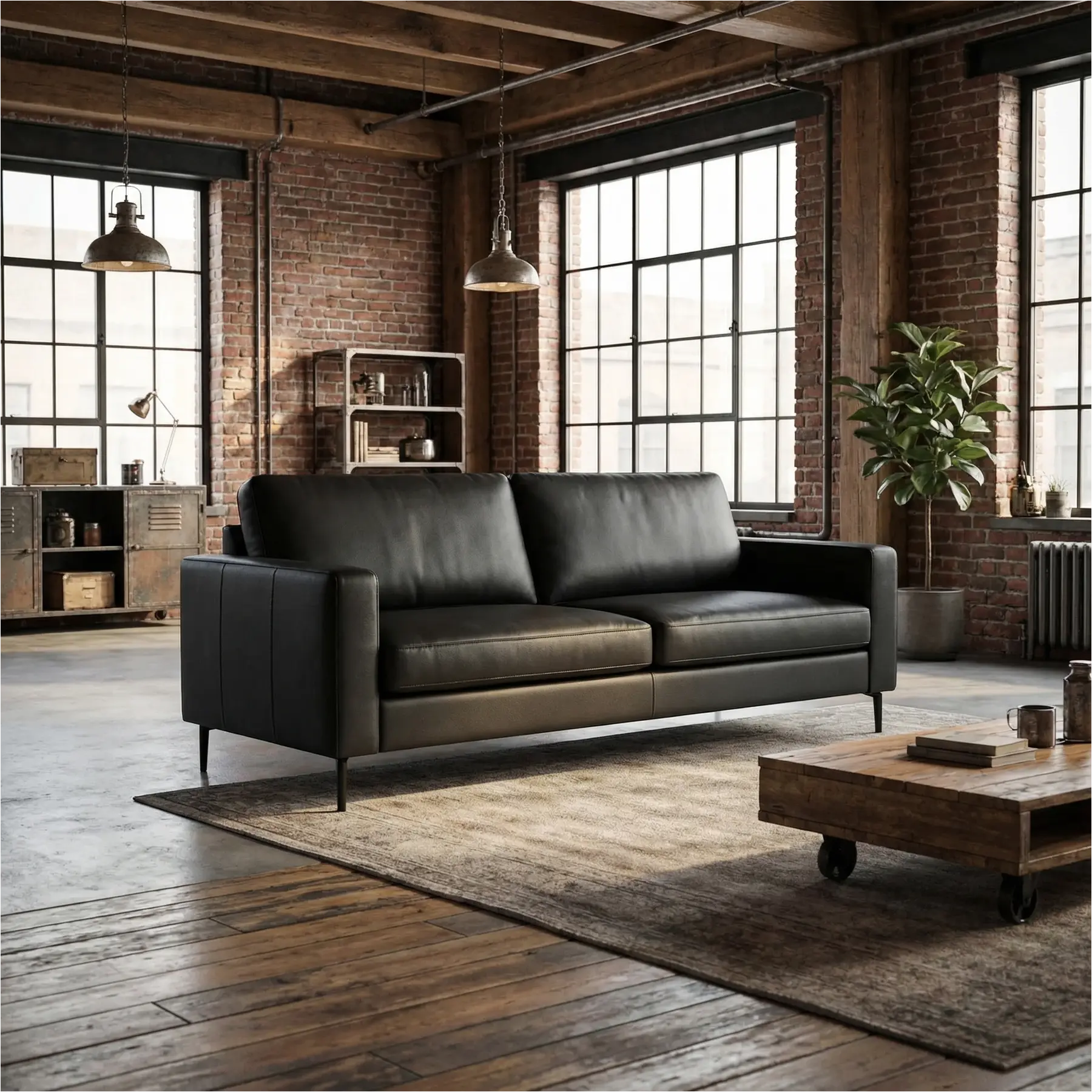 afbeelding van Leren bank Match - 3,5 zits - Toledo Nero (zwart) - Poten staal zwart