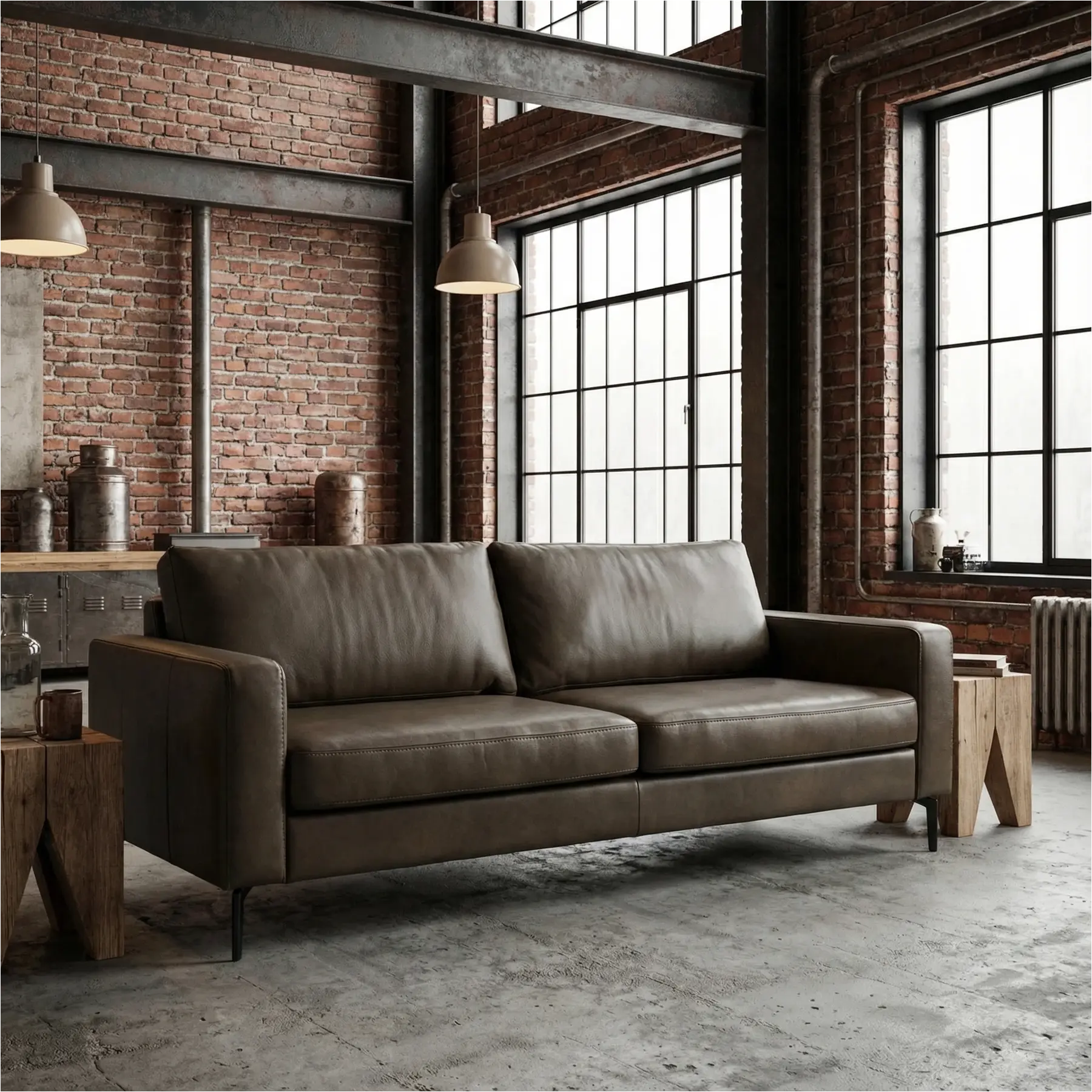 afbeelding van Leren bank Match - 3 zits - Granada Ash (grijs/bruin) - Poten staal zwart