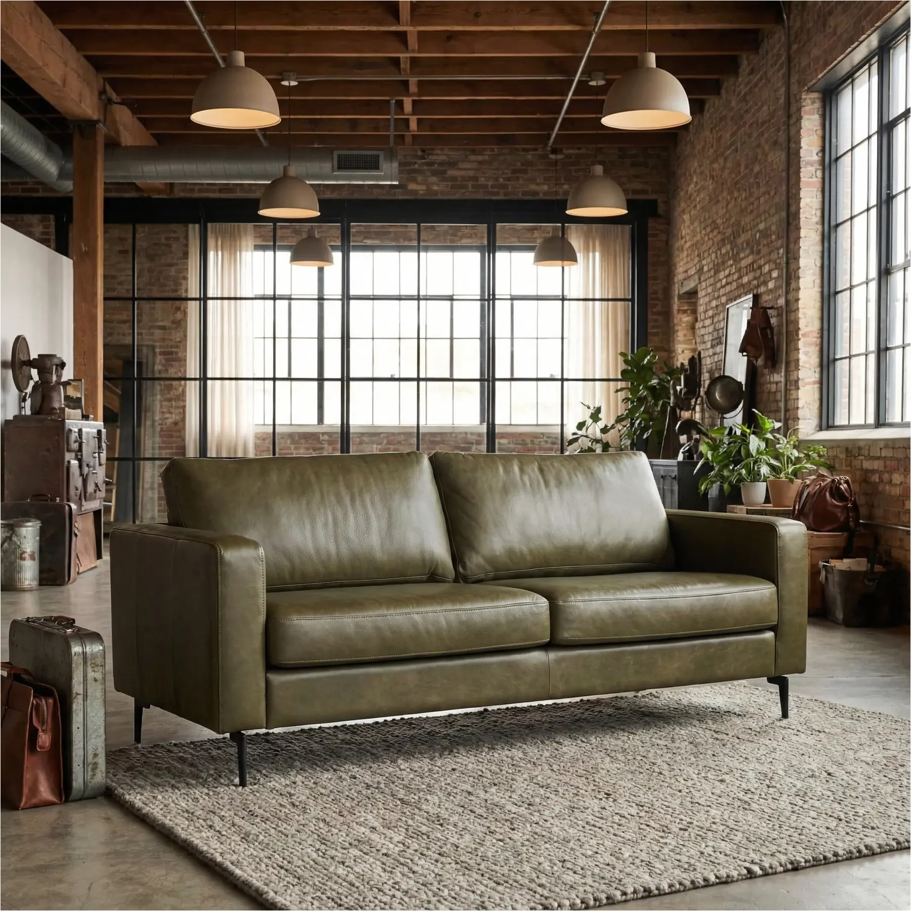 afbeelding van Leren bank Match - 3 zits - Granada Moss (olijf/groen) - Poten staal zwart