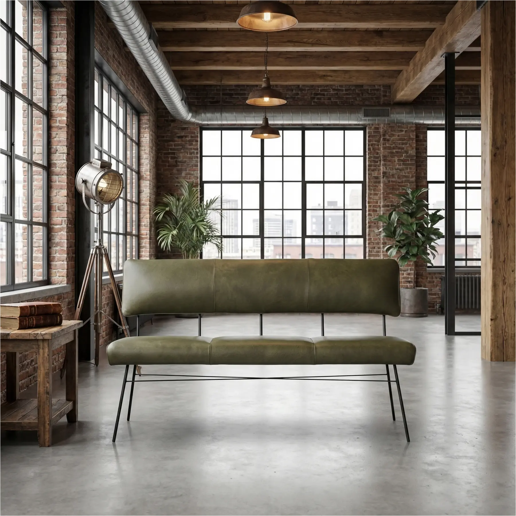 afbeelding van Leren eetkamerbank Solid - Granada Moss (olijf/groen) - Poten staal rond zwart