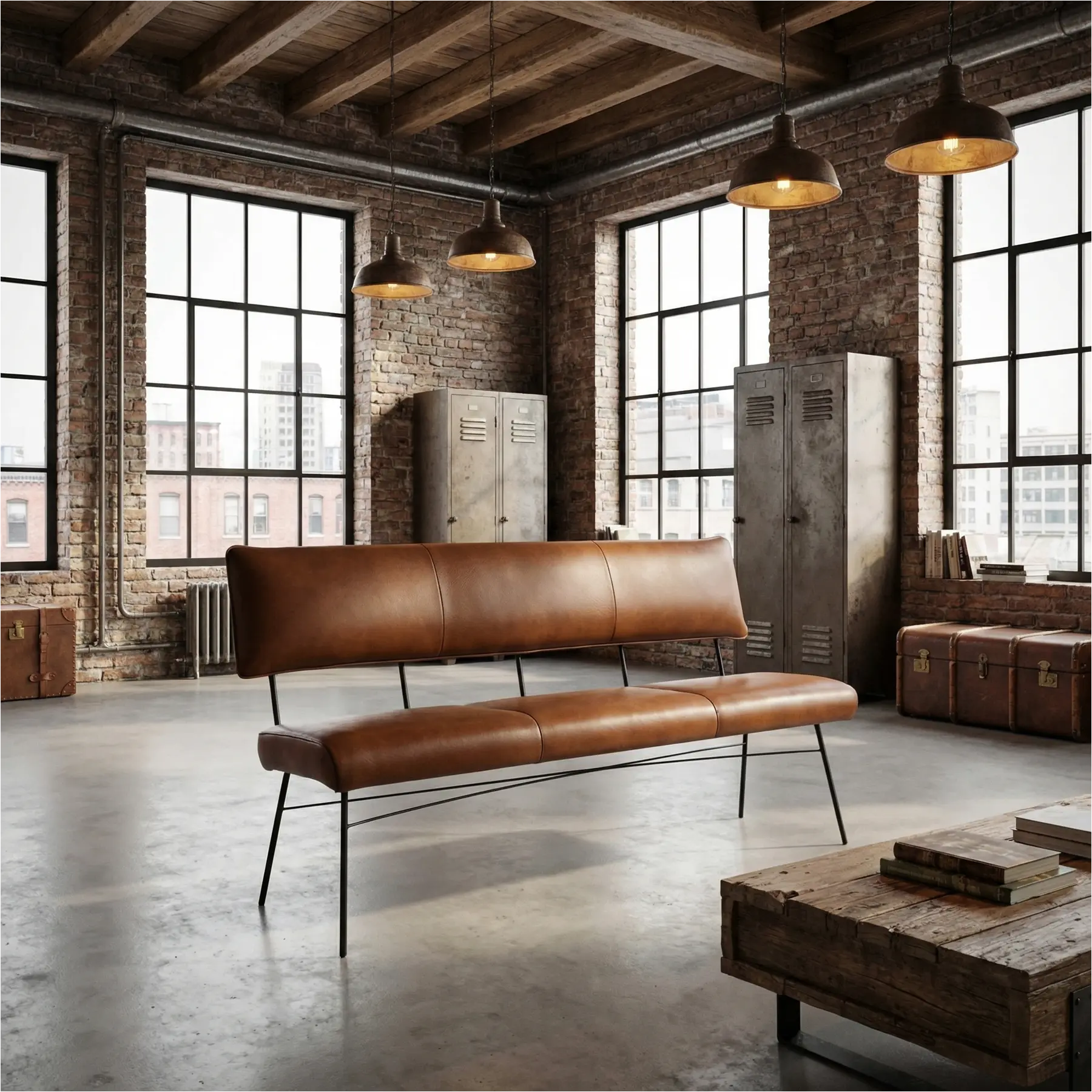 afbeelding van Leren eetkamerbank Solid - Granada Savannah (cognac) - Poten staal rond zwart