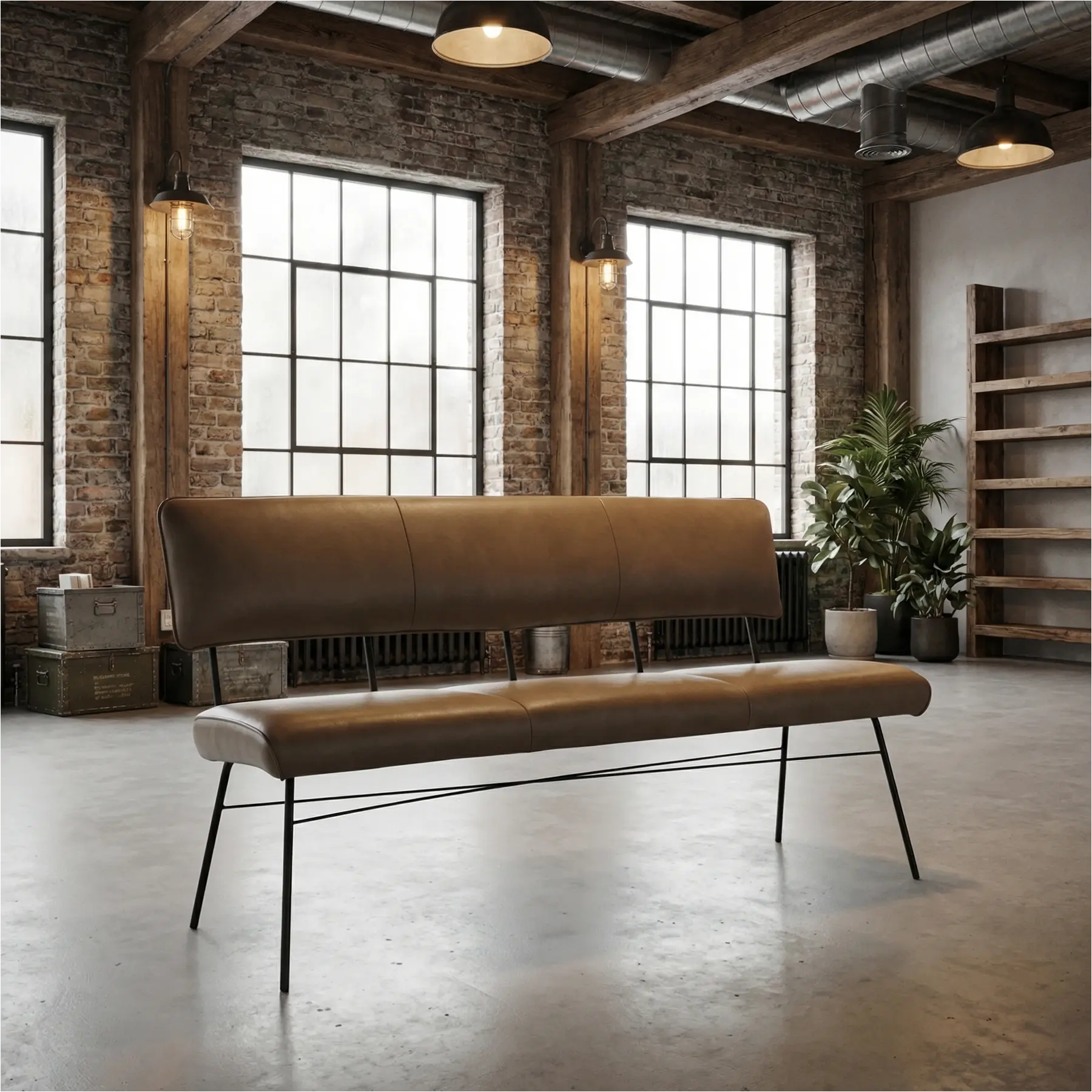 afbeelding van Leren eetkamerbank Solid - Granada Taupe (taupe/bruin) - Poten staal rond zwart