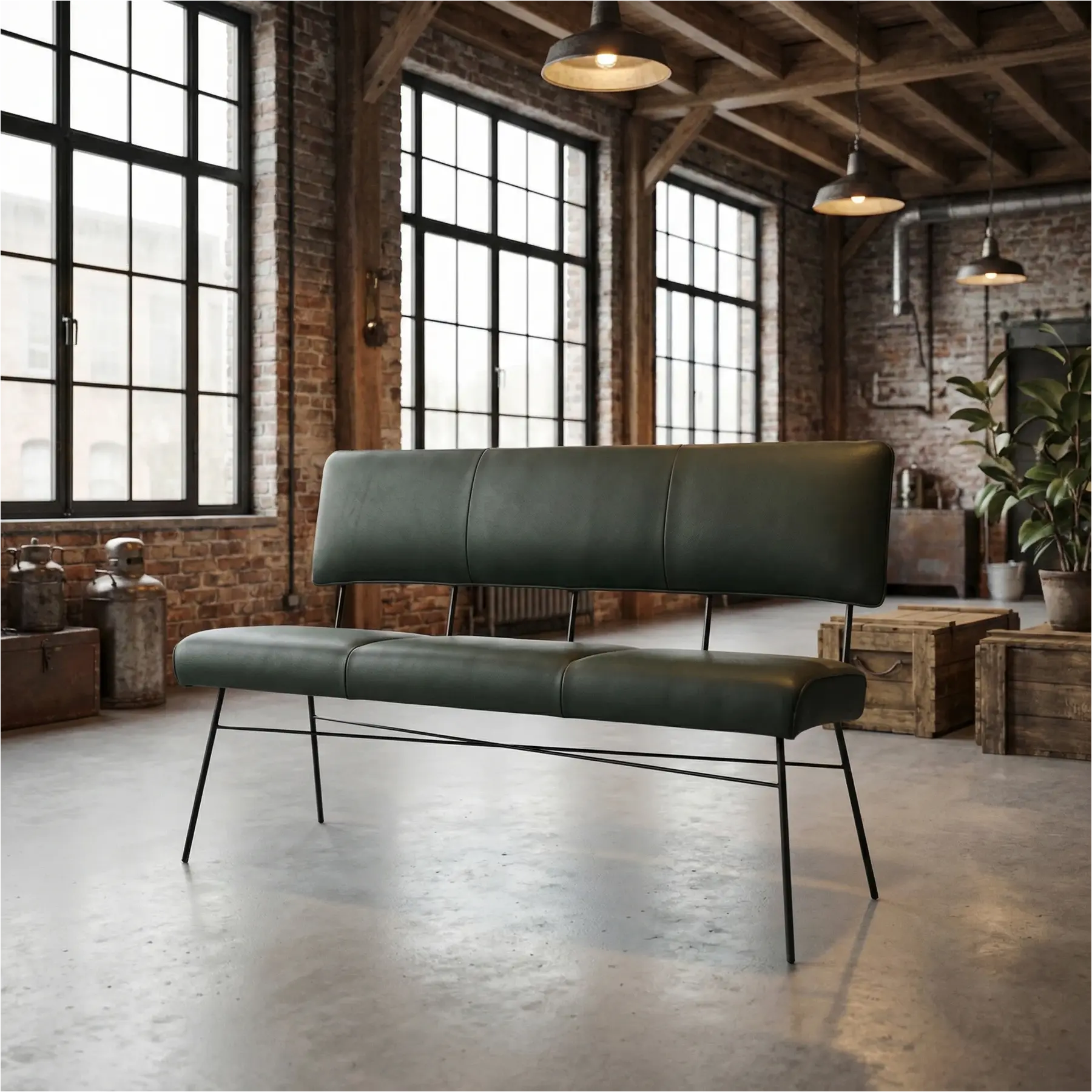 afbeelding van Leren eetkamerbank Solid - Hermes Verde (donkergroen) - Poten staal rond zwart