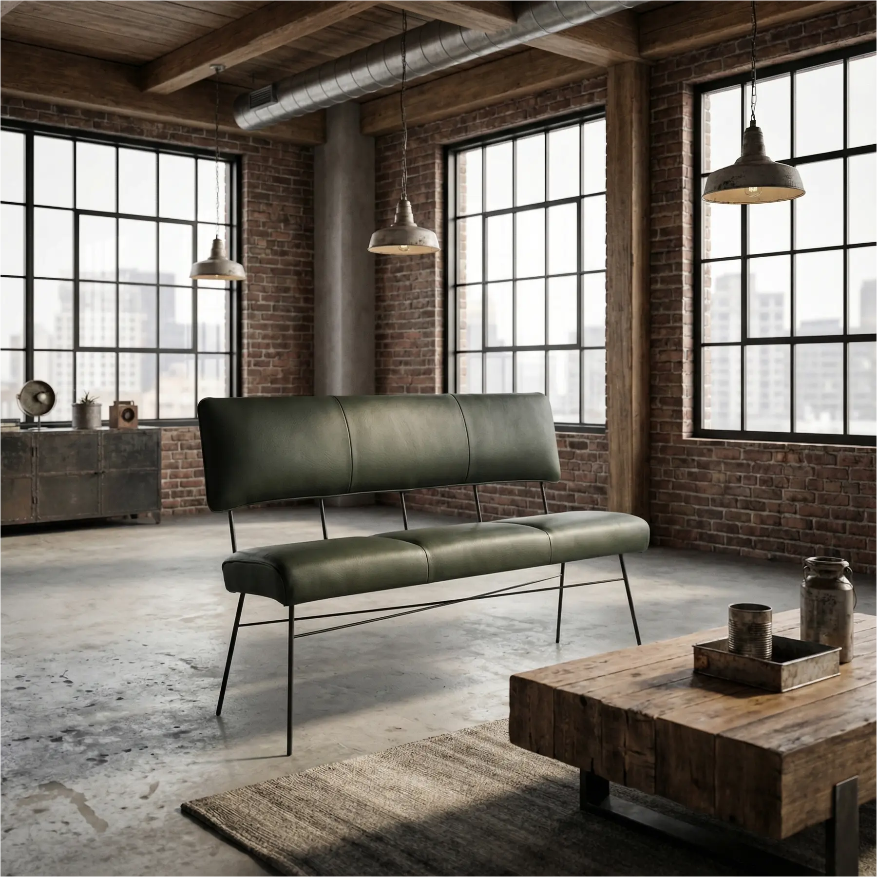 afbeelding van Leren eetkamerbank Solid - Toledo Verde (donkergroen) - Poten staal rond zwart