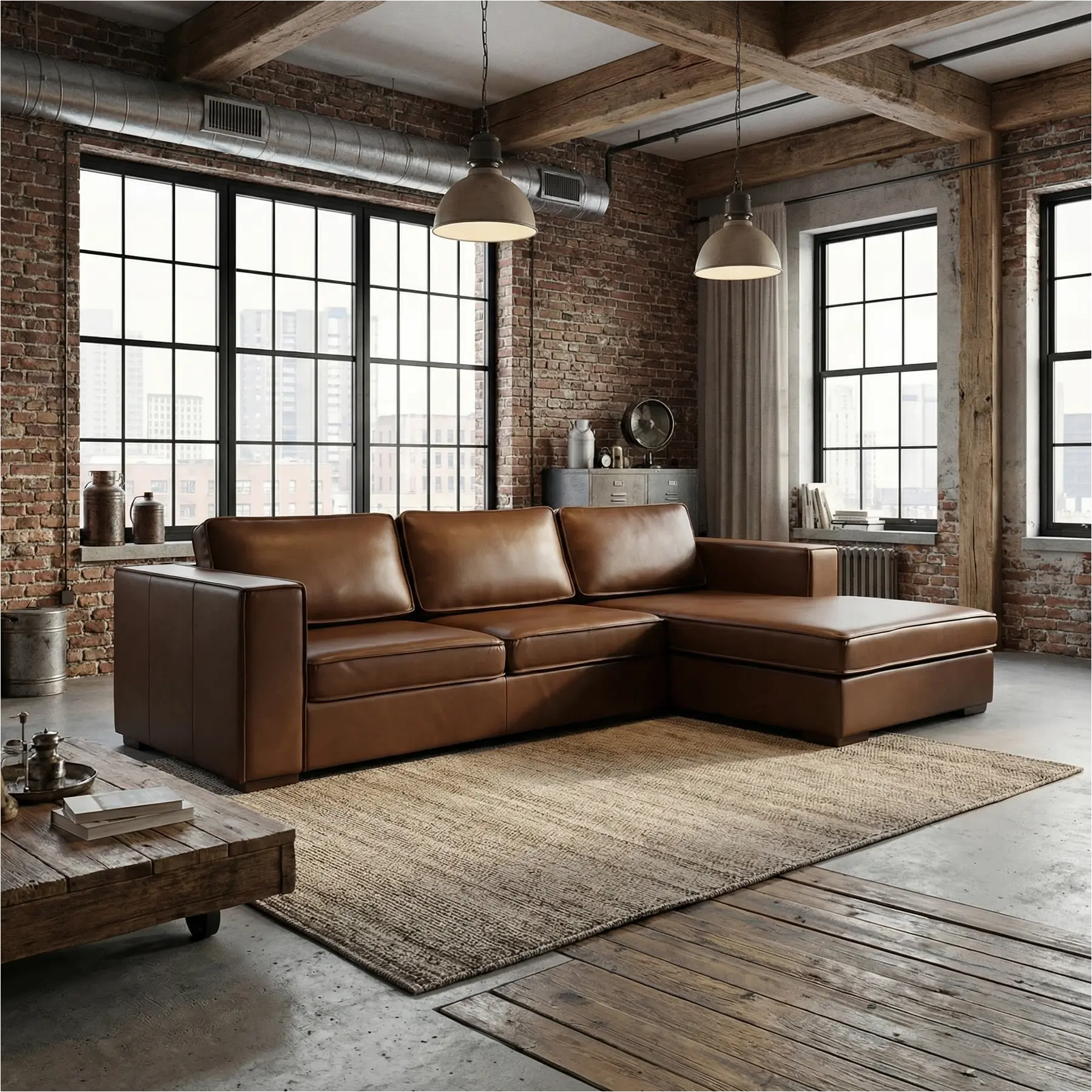 afbeelding van Leren hoekbank Fine - 2 zits arm links + longchair rechts - Elegance Brown (bruin) - Poten hout zwart