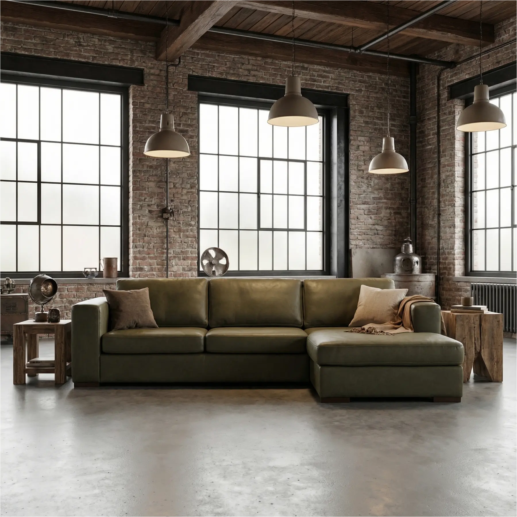 afbeelding van Leren hoekbank Flow - 2,5 zits arm links + longchair rechts - Granada Moss (olijf/groen) - Poten hout bruin