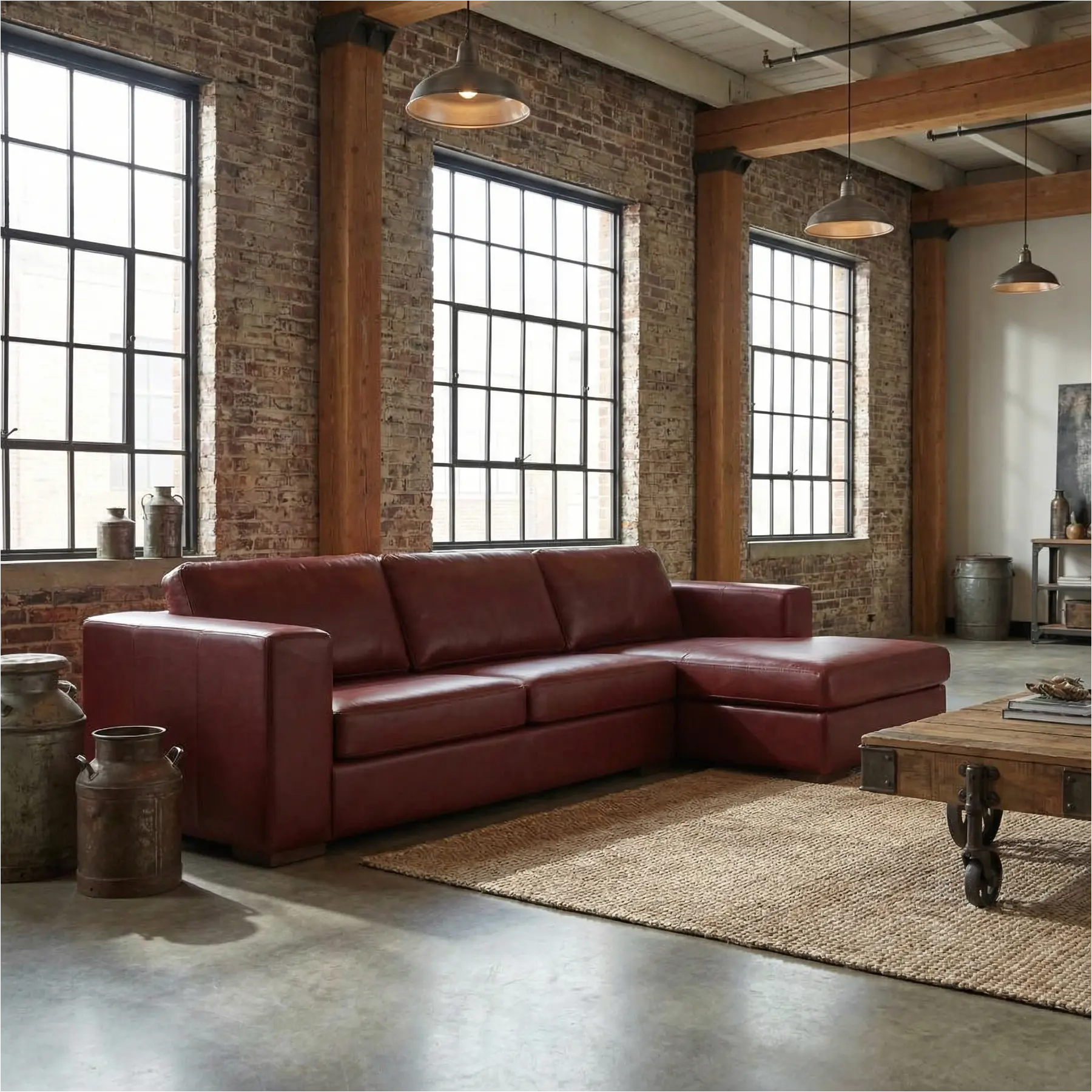 afbeelding van Leren hoekbank Flow - 2,5 zits arm links + longchair rechts - Granada Rouge (rood) - Poten hout bruin