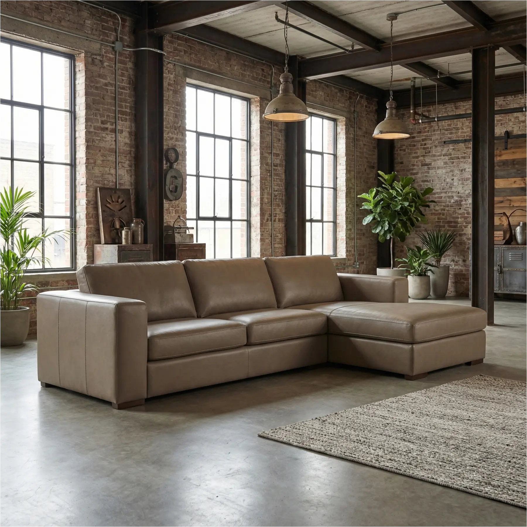 afbeelding van Leren hoekbank Flow - 2,5 zits arm links + longchair rechts - Granada Taupe (taupe/bruin) - Poten hout bruin