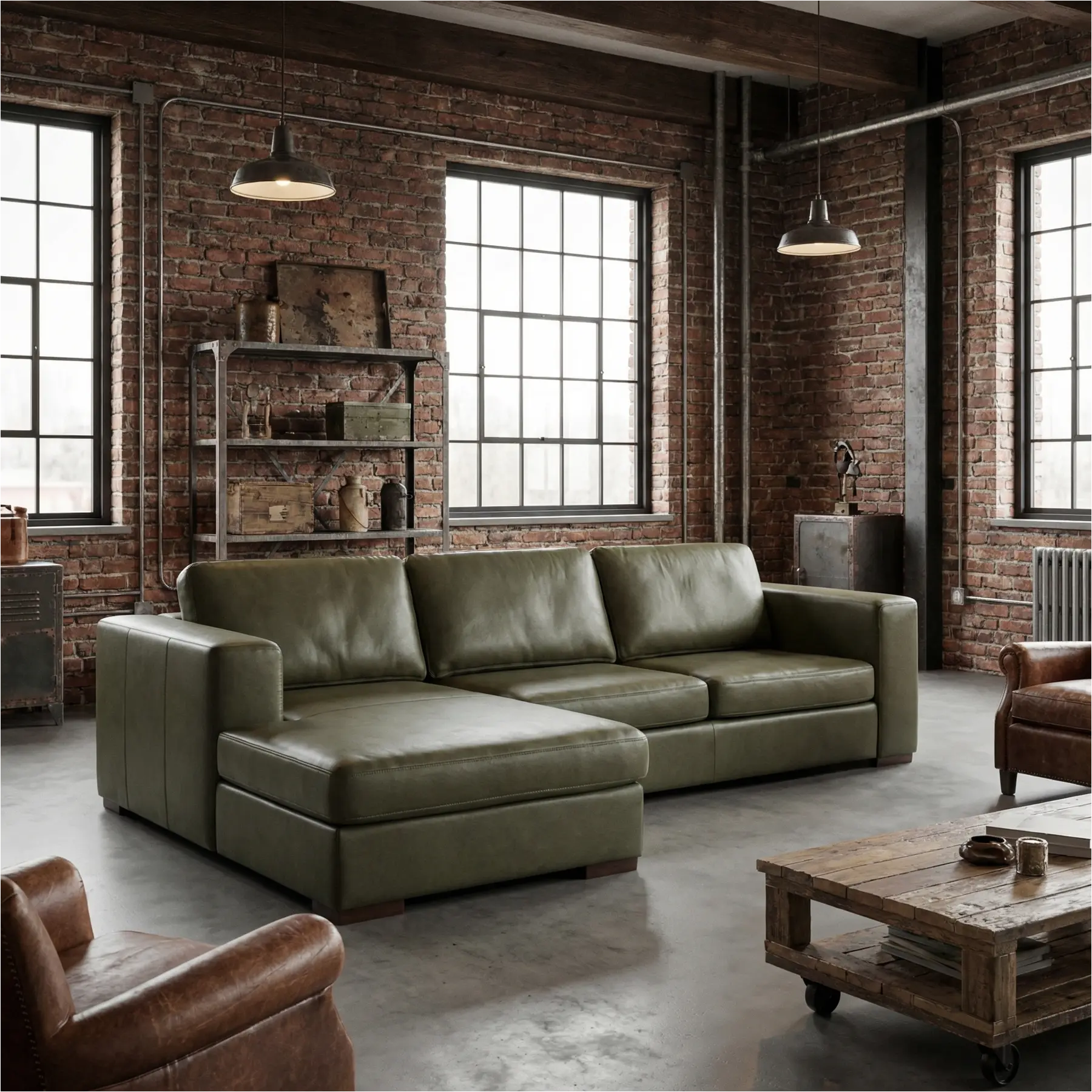 afbeelding van Leren hoekbank Flow - 2,5 zits arm rechts + longchair links - Granada Moss (olijf/groen) - Poten hout bruin