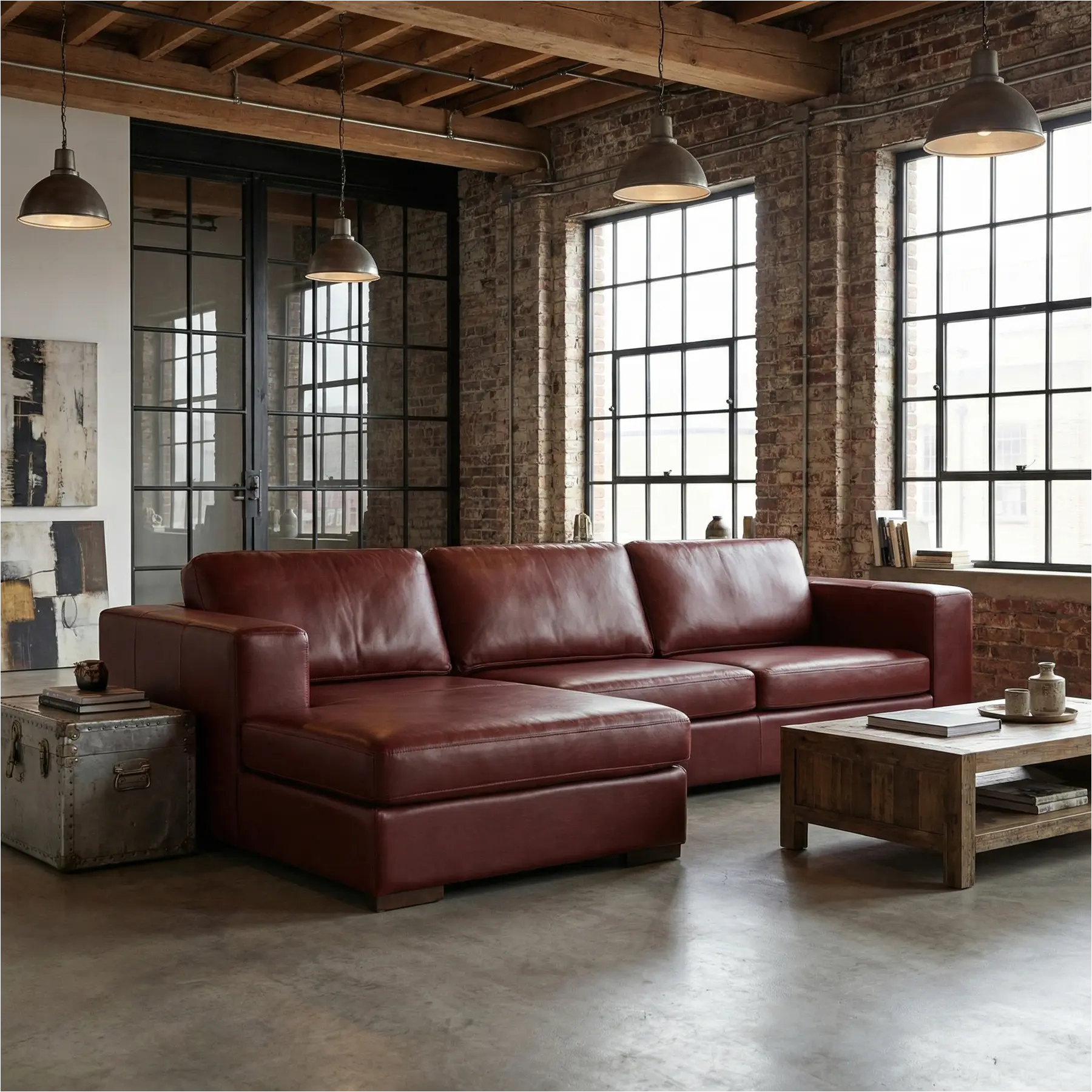 afbeelding van Leren hoekbank Flow - 2,5 zits arm rechts + longchair links - Granada Rouge (rood) - Poten hout bruin