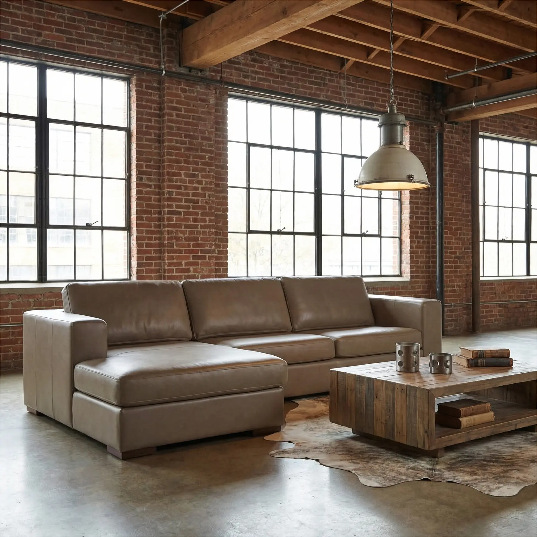 afbeelding van Leren hoekbank Flow - 2,5 zits arm rechts + longchair links - Granada Taupe (taupe/bruin) - Poten hout bruin