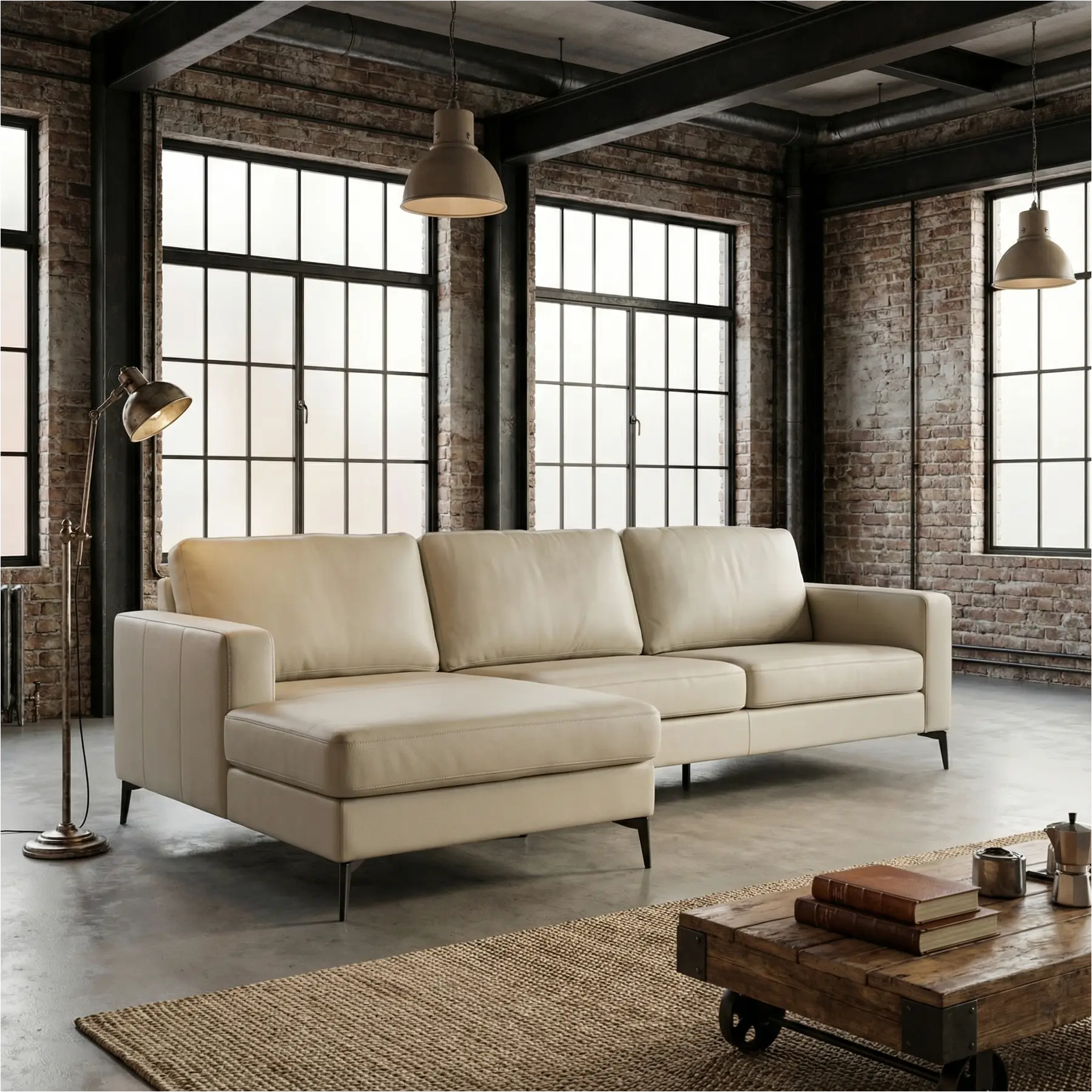 afbeelding van Leren hoekbank Match - 2.5-zits arm rechts + Longchair arm links - Toledo Nebbia (creme) - Poten staal zwart