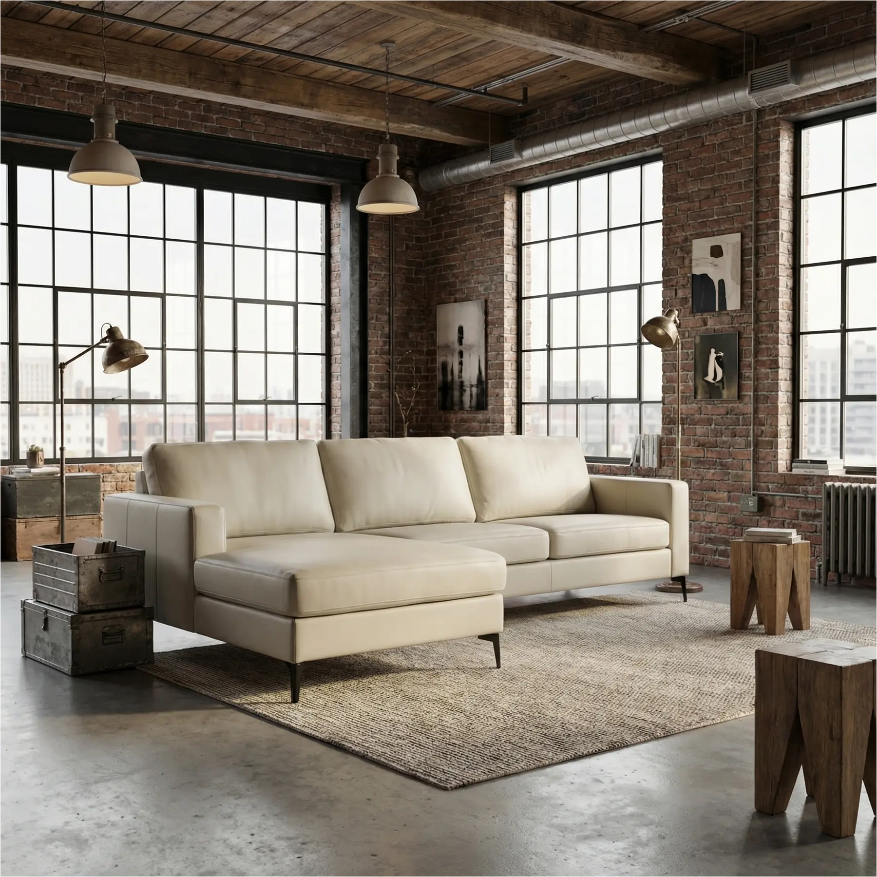 afbeelding van Leren hoekbank Match - 2-zits arm rechts + Longchair arm links - Toledo Nebbia (creme) - Poten staal zwart