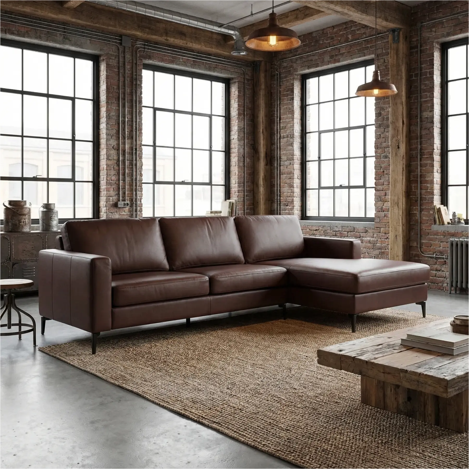 afbeelding van Leren hoekbank Match - 2.5-zits arm links + Longchair arm rechts - Granada Cognac (donkercognac) - Poten staal zwart