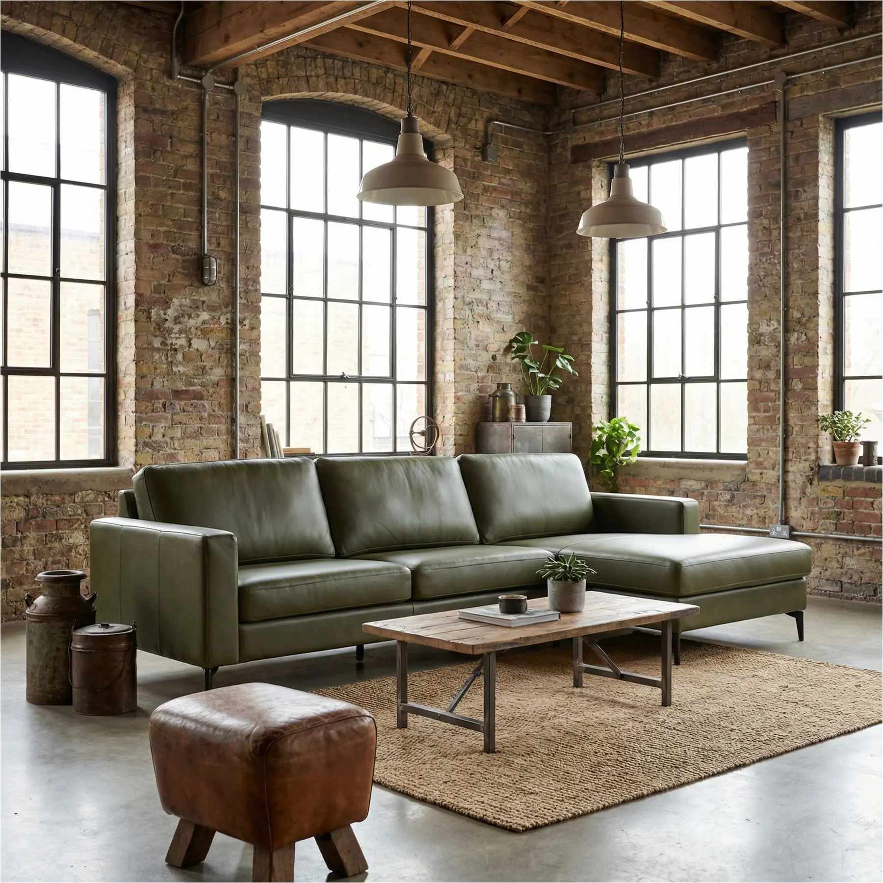 afbeelding van Leren hoekbank Match - 2.5-zits arm links + Longchair arm rechts - Granada Moss (olijf/groen) - Poten staal zwart