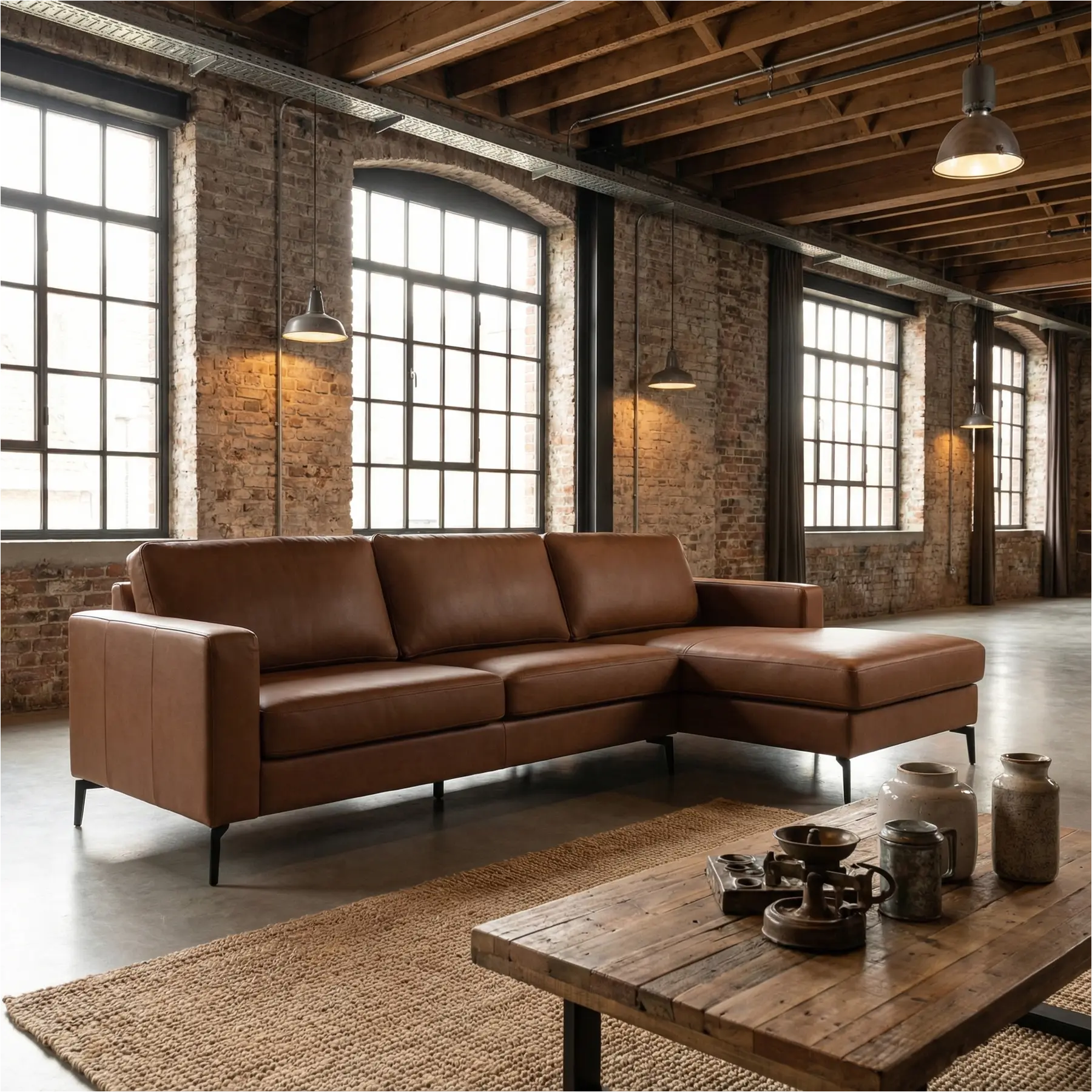 afbeelding van Leren hoekbank Match - 2.5-zits arm links + Longchair arm rechts - Granada Savannah (cognac) - Poten staal zwart