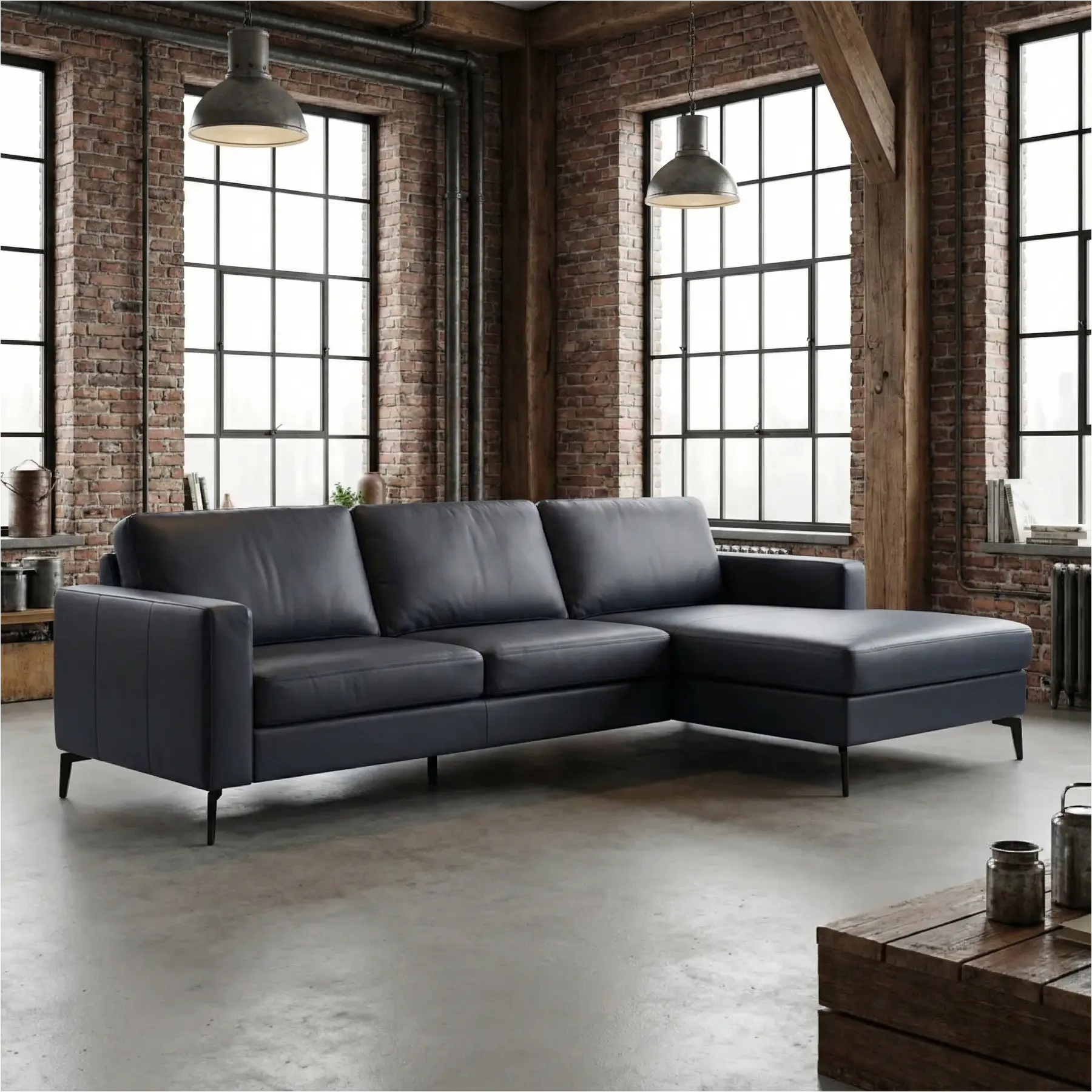 afbeelding van Leren hoekbank Match - 2.5-zits arm links + Longchair arm rechts - Massif Azzurro (blauw) - Poten staal zwart