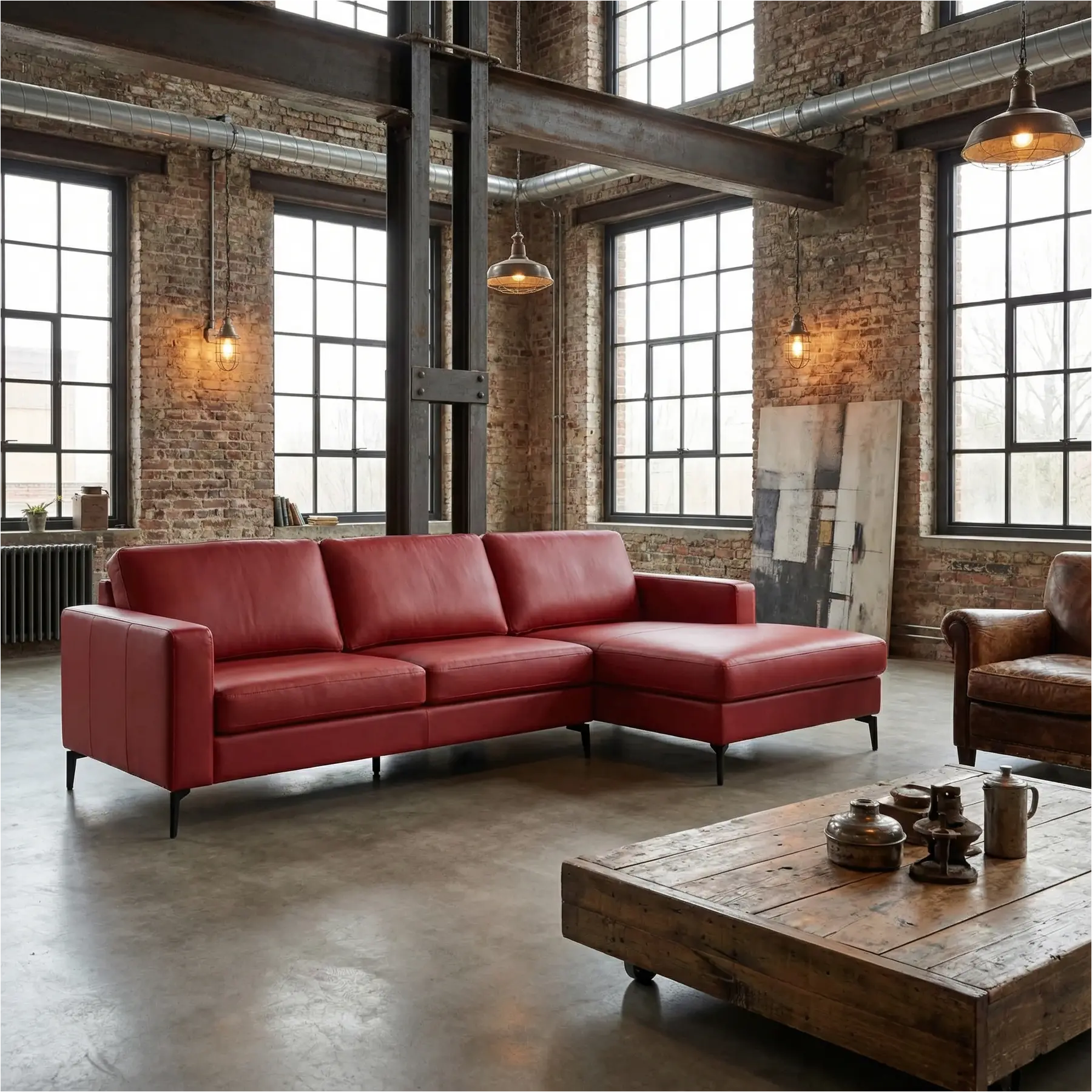 afbeelding van Leren hoekbank Match - 2.5-zits arm links + Longchair arm rechts - Massif Rosso (rood) - Poten staal zwart