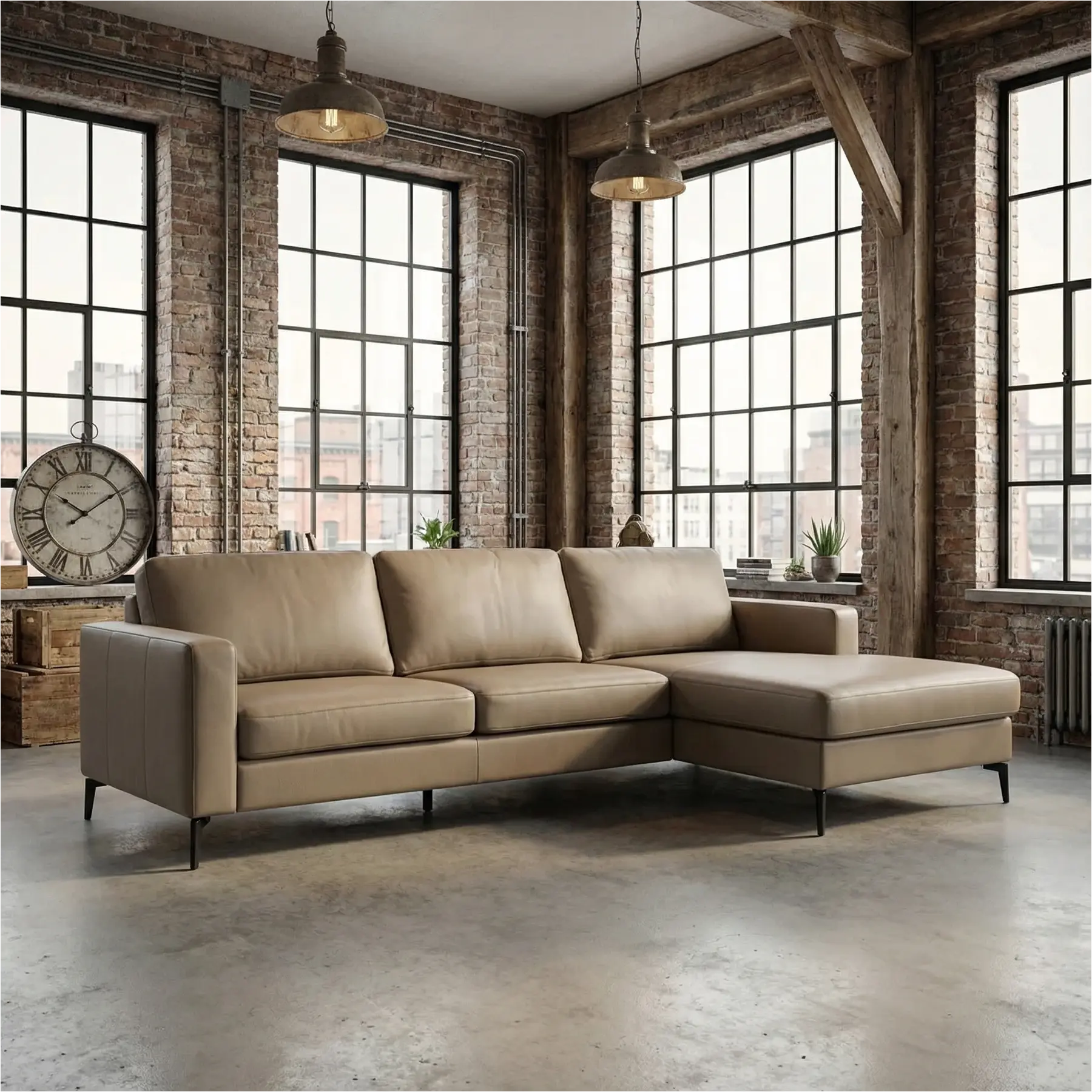 afbeelding van Leren hoekbank Match - 2.5-zits arm links + Longchair arm rechts - Toledo Mocca (taupe/bruin) - Poten staal zwart