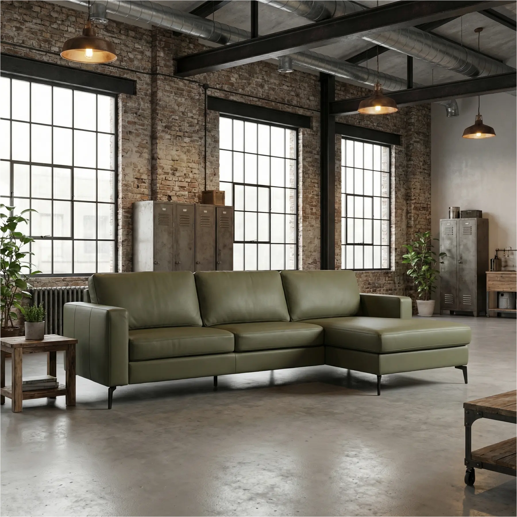 afbeelding van Leren hoekbank Match - 2.5-zits arm links + Longchair arm rechts - Toledo Olive (olijf/goen) - Poten staal zwart