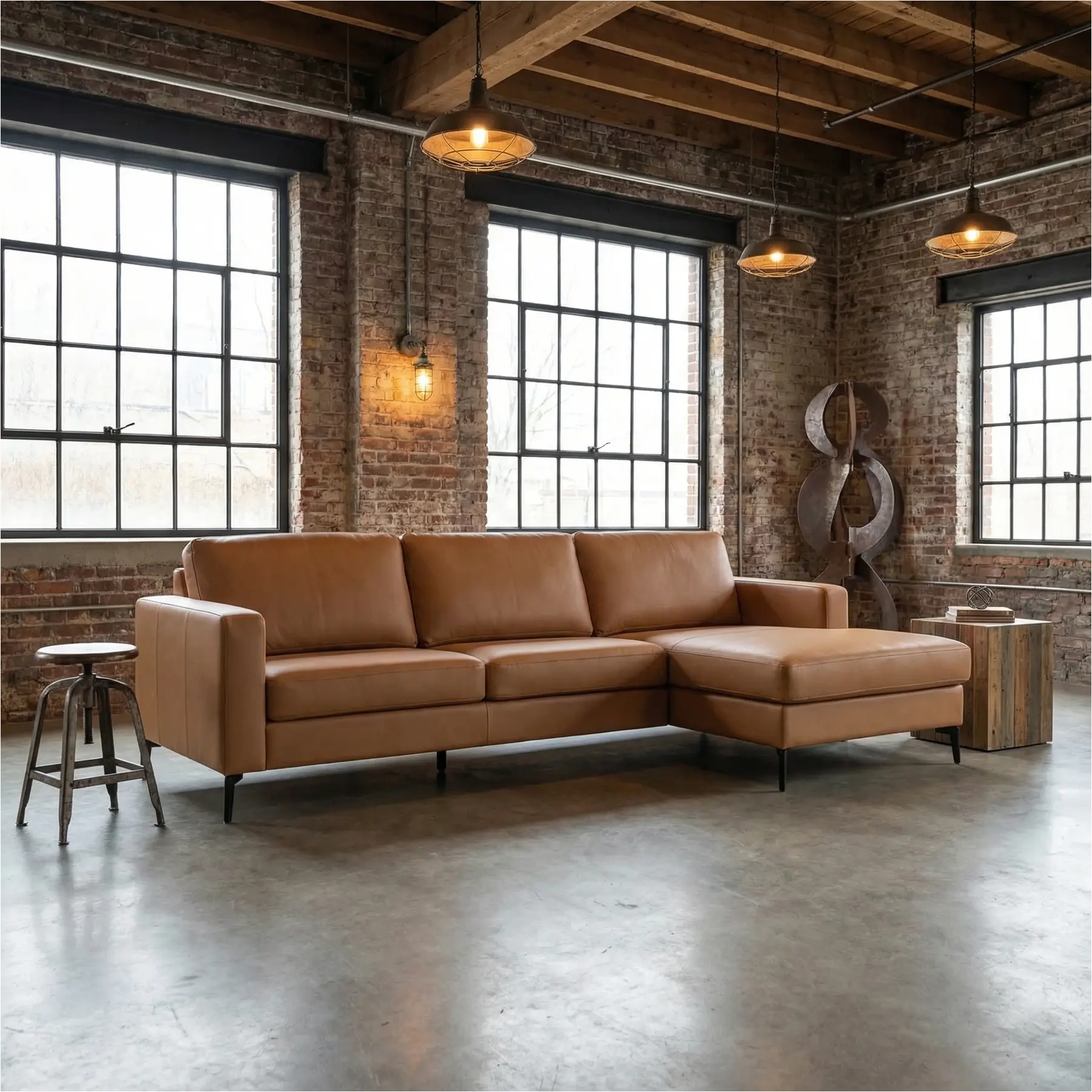 afbeelding van Leren hoekbank Match - 2.5-zits arm links + Longchair arm rechts - Toledo Sabbia (lichtcognac) - Poten staal zwart