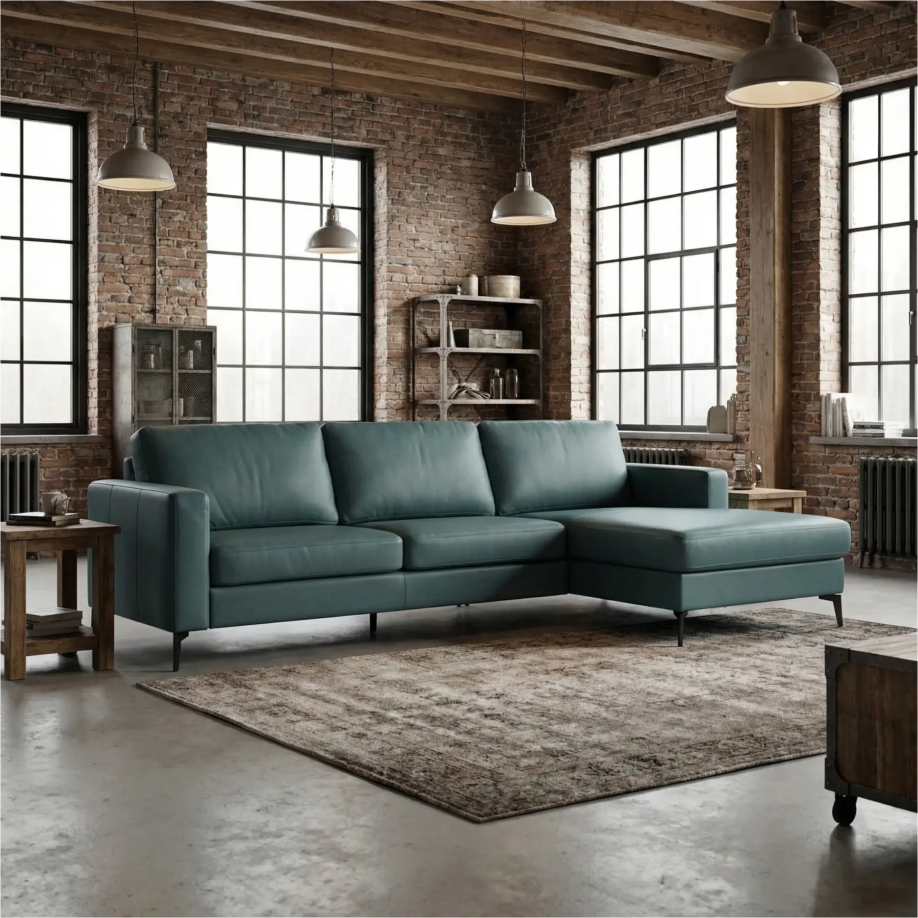 afbeelding van Leren hoekbank Match - 2.5-zits arm links + Longchair arm rechts - Toledo Whale (blauw/grijs) - Poten staal zwart