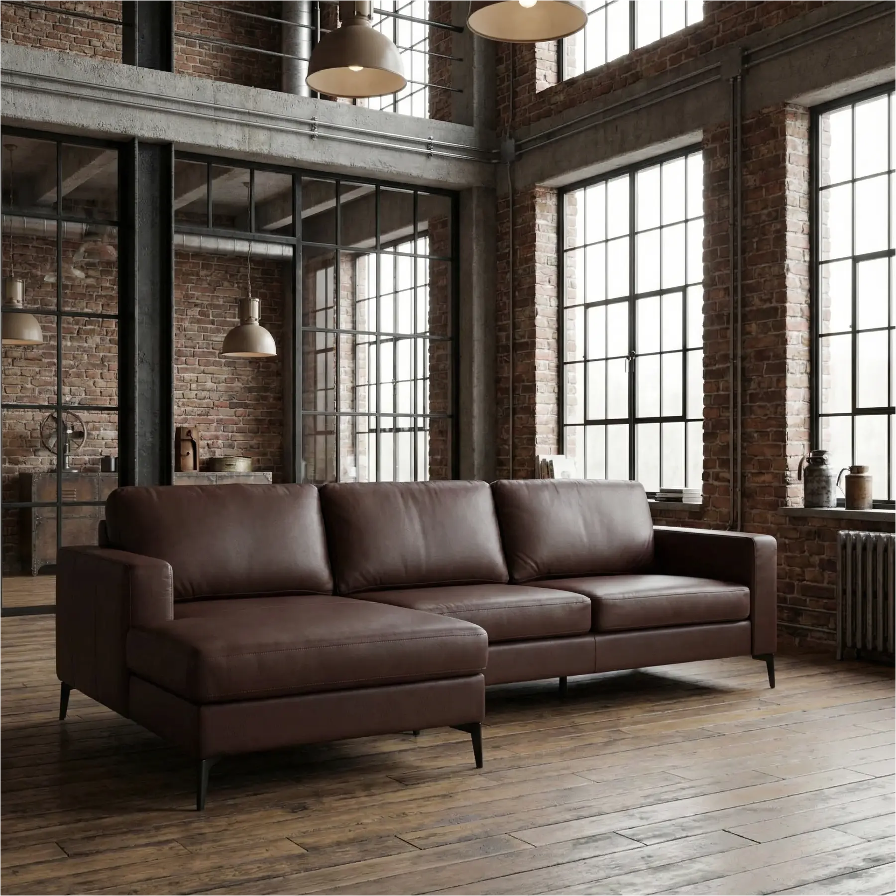 afbeelding van Leren hoekbank Match - 2.5-zits arm rechts + Longchair arm links - Granada Cognac (donkercognac) - Poten staal zwart