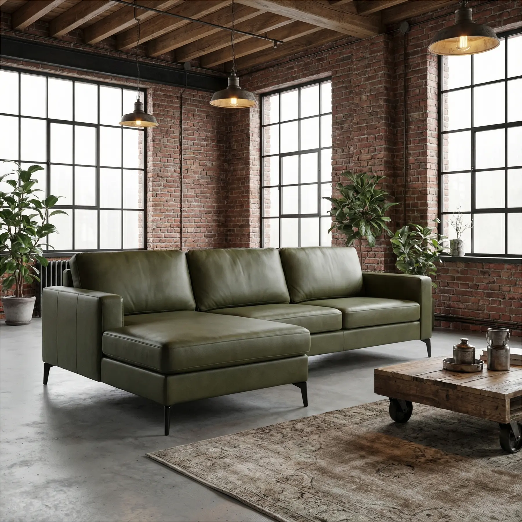 afbeelding van Leren hoekbank Match - 2.5-zits arm rechts + Longchair arm links - Granada Moss (olijf/groen) - Poten staal zwart