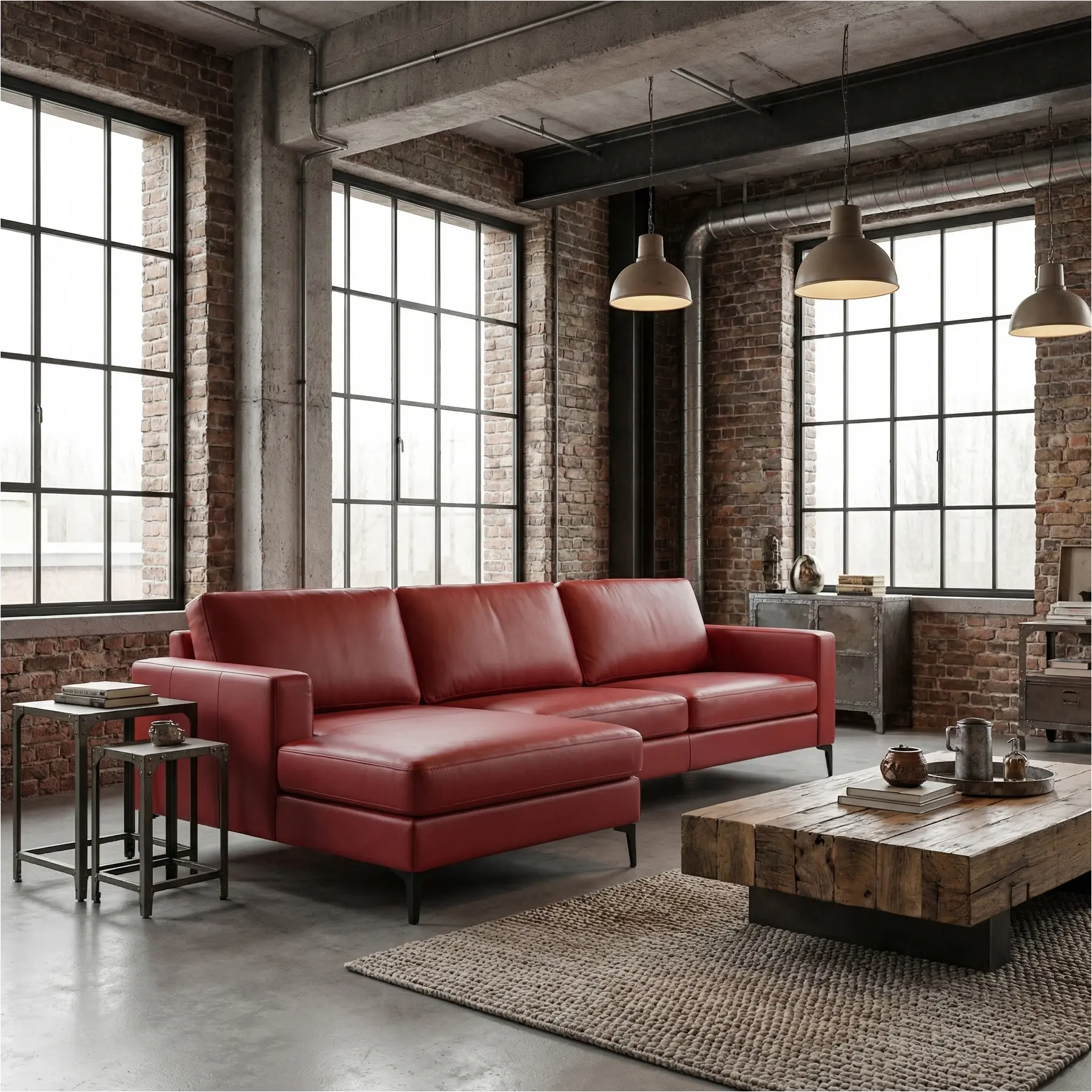 afbeelding van Leren hoekbank Match - 2.5-zits arm rechts + Longchair arm links - Massif Rosso (rood) - Poten staal zwart