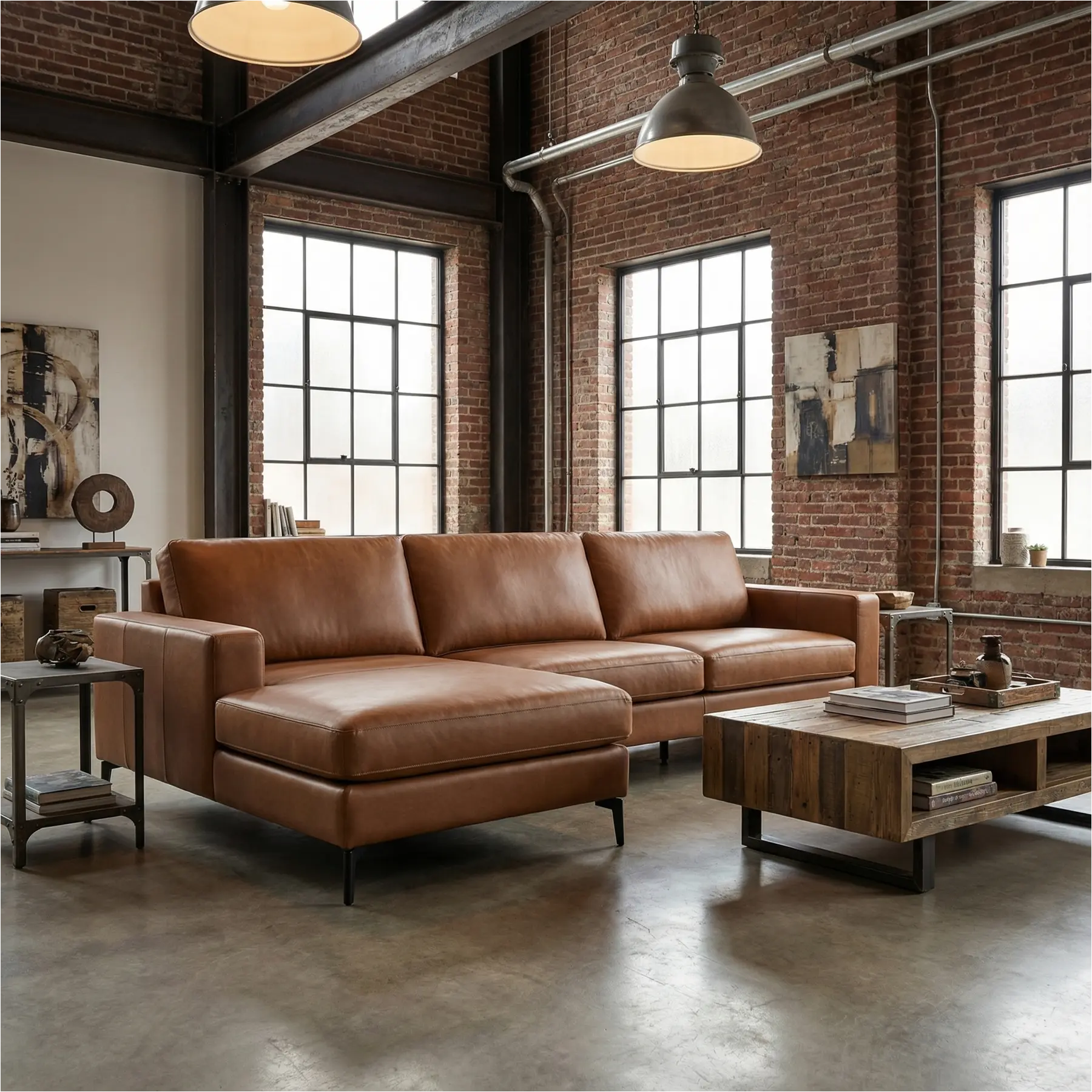 afbeelding van Leren hoekbank Match - 2.5-zits arm rechts + Longchair arm links - Rancho Cognac (cognac) - Poten staal zwart