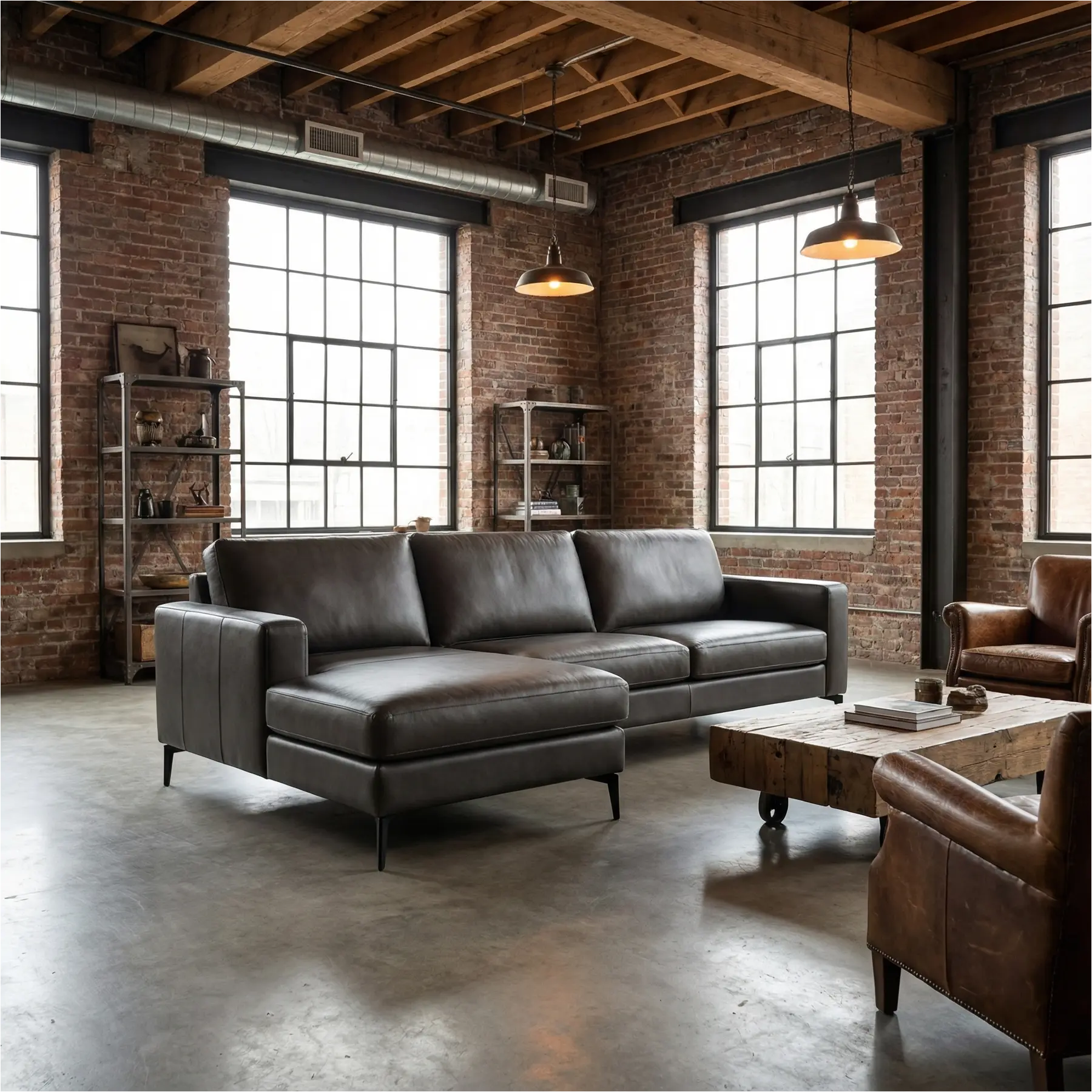 afbeelding van Leren hoekbank Match - 2.5-zits arm rechts + Longchair arm links - Toledo Antracite (donkergrijs) - Poten staal zwart